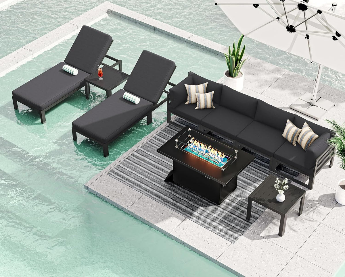 RADIATA 9 Piece Luxury Aluminum Outdoor Sectional Sofa with Chaise Lounge & Firepit, Large Modular Patio Furniture Set, 29' Deep Wide Seating, 500 lbs Heavy Duty Conversation Set for Deck, Dark Gray