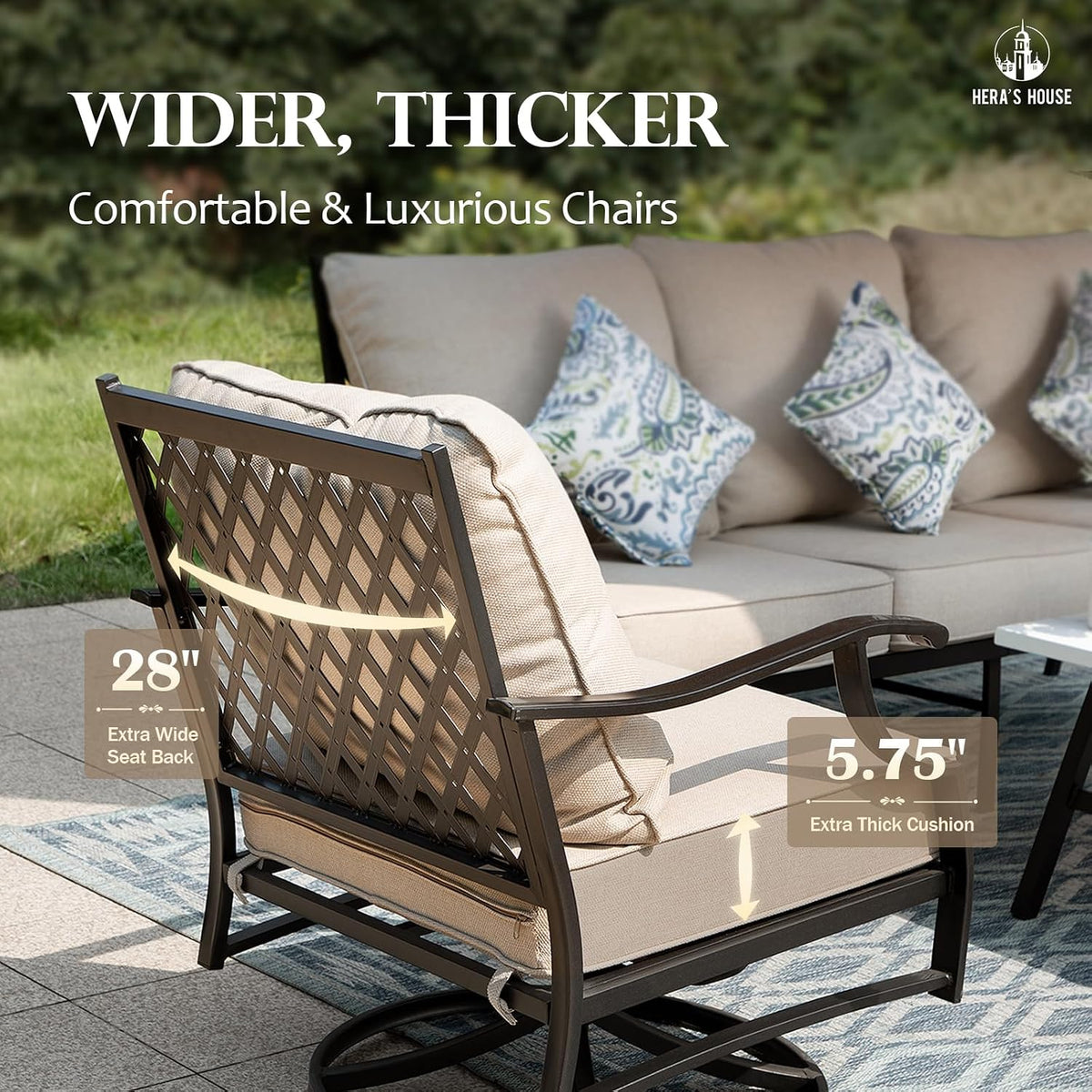 HERA'S HOUSE 5 Pieces Fire Pit Patio Furniture Set, 4 x Thick Cushioned Swivel Chairs with 28' Fire Pit Table (50,000 BTU), Outdoor Conversation Set for Garden, Backyard, Lawn