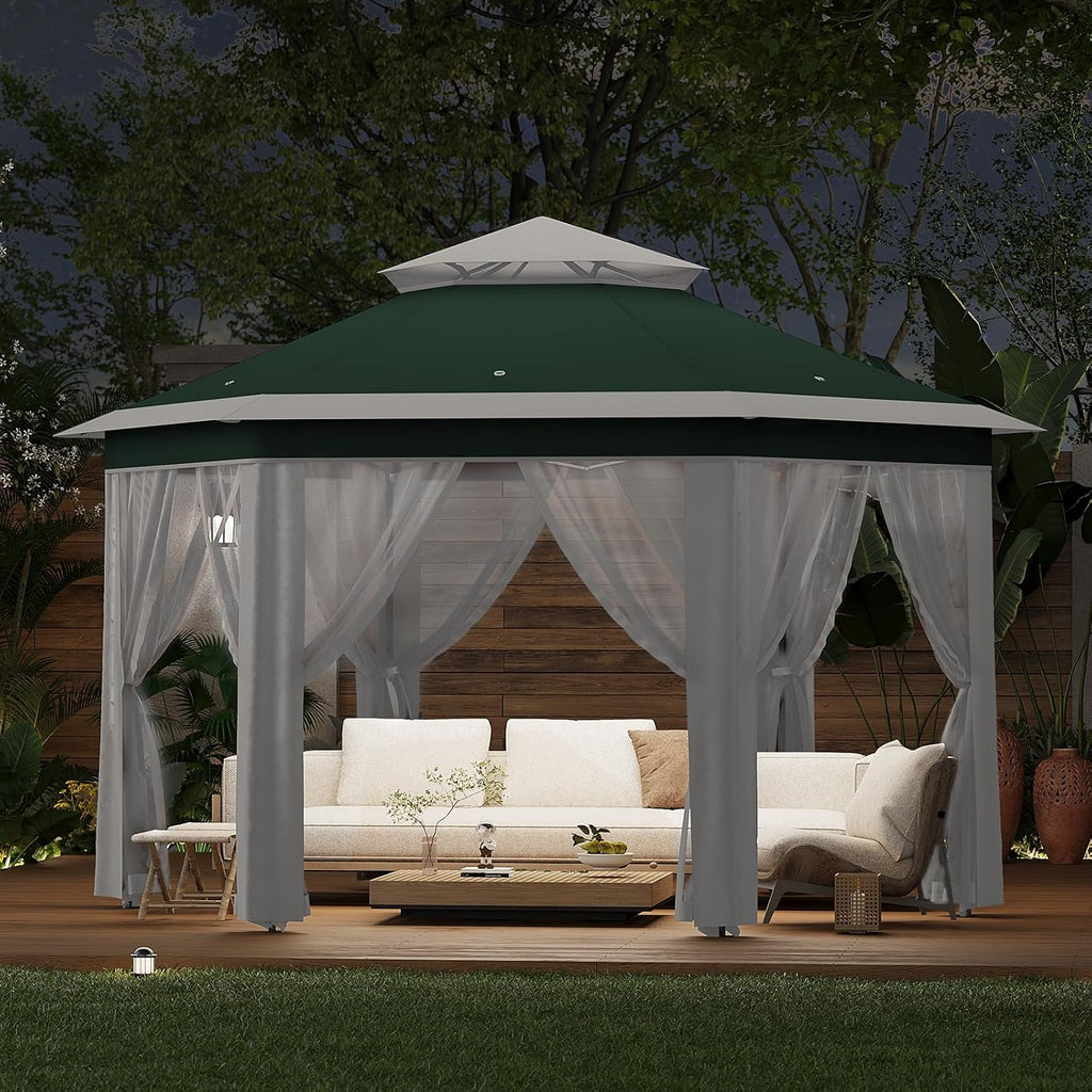 13' x 13' Pop-Up Gazebo, Hexagonal Canopy Shelter with 6 Zippered Mesh Netting, Event Tent with Strong Steel Frame for Backyard, Garden, Lawn, Green and Beige