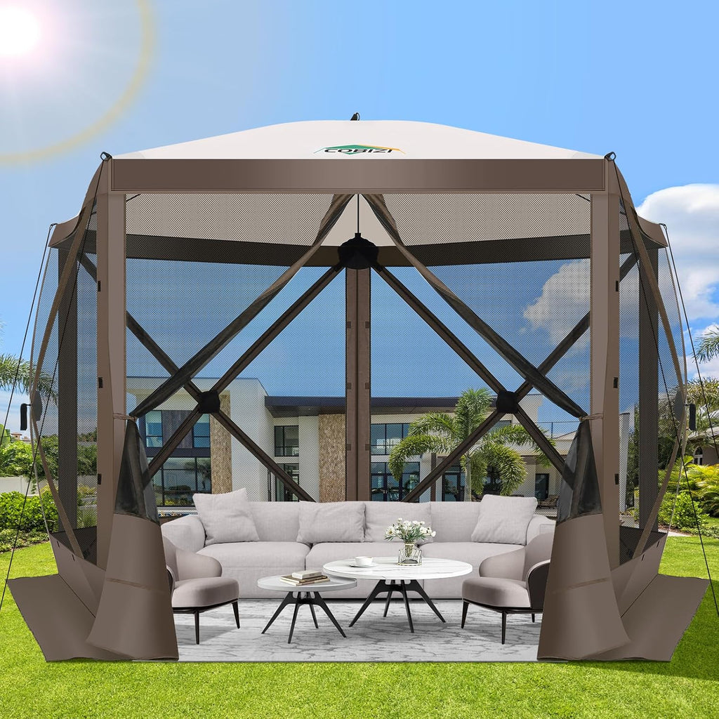 COBIZI Pop Up Gazebo Screen Tent Screen House for Camping, 10FTx10FT Screen Room with Mosquito Netting, Hub Tent Instant Screened Canopy with Carrying Bag and Ground Stakes, Brown