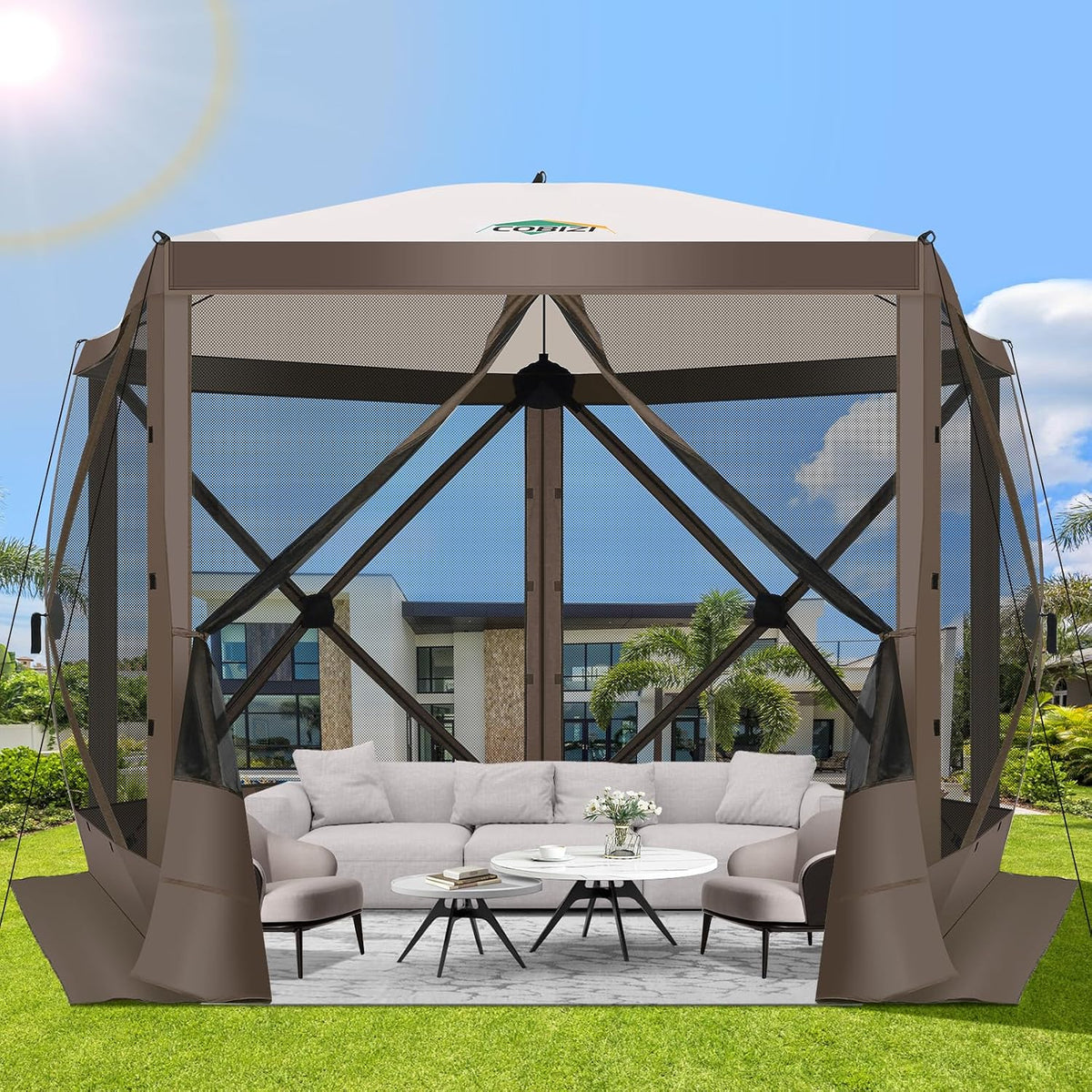 COBIZI Pop Up Gazebo Screen Tent Screen House for Camping, 10FTx10FT Screen Room with Mosquito Netting, Hub Tent Instant Screened Canopy with Carrying Bag and Ground Stakes, Brown