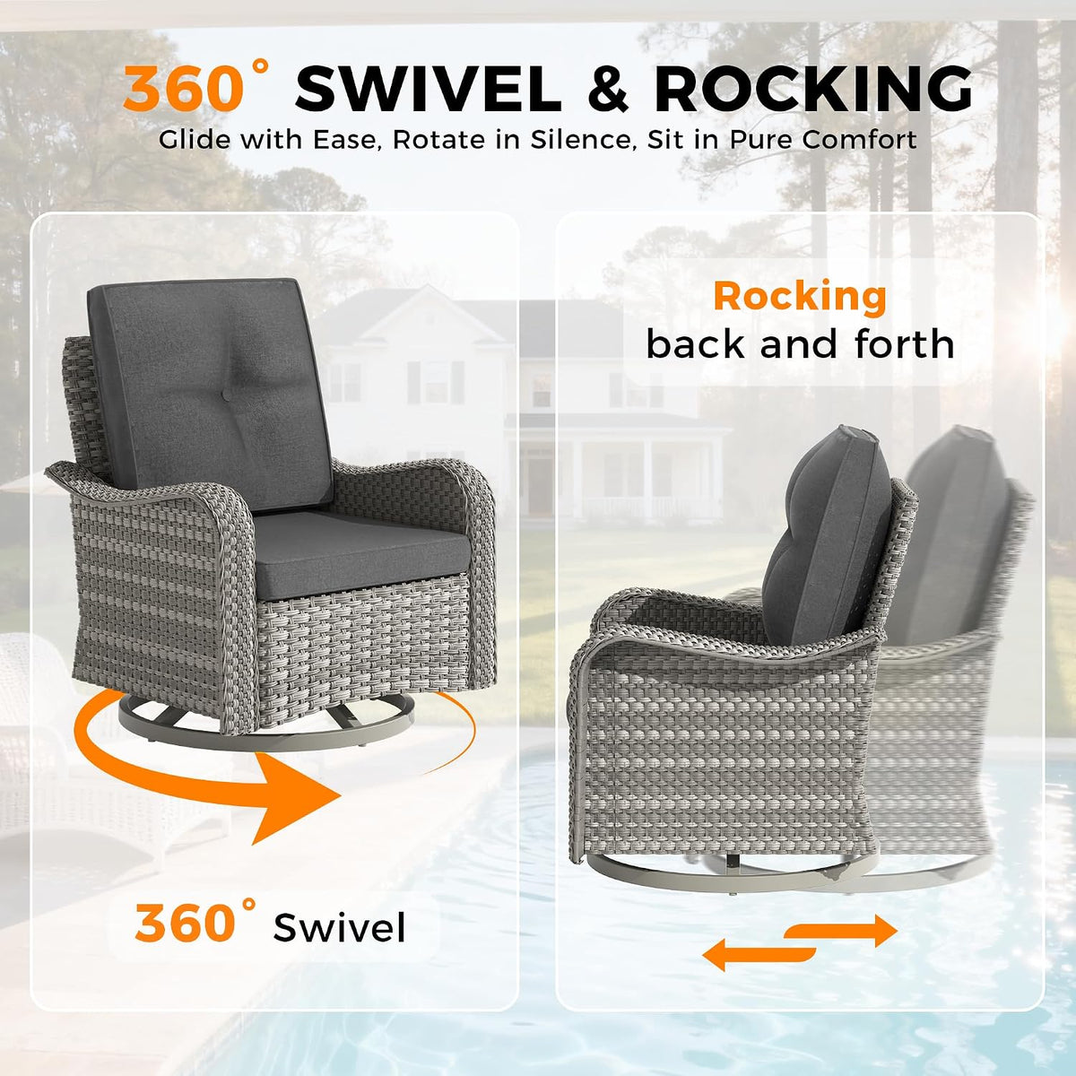 8-Seat Outdoor Wicker Patio Furniture Set with Fire Pit Table, Modular Rattan Sectional Sofa & 2 Swivel Rocking Chairs, 4' Thick Cushions, Rust-Resistant Frame,Black