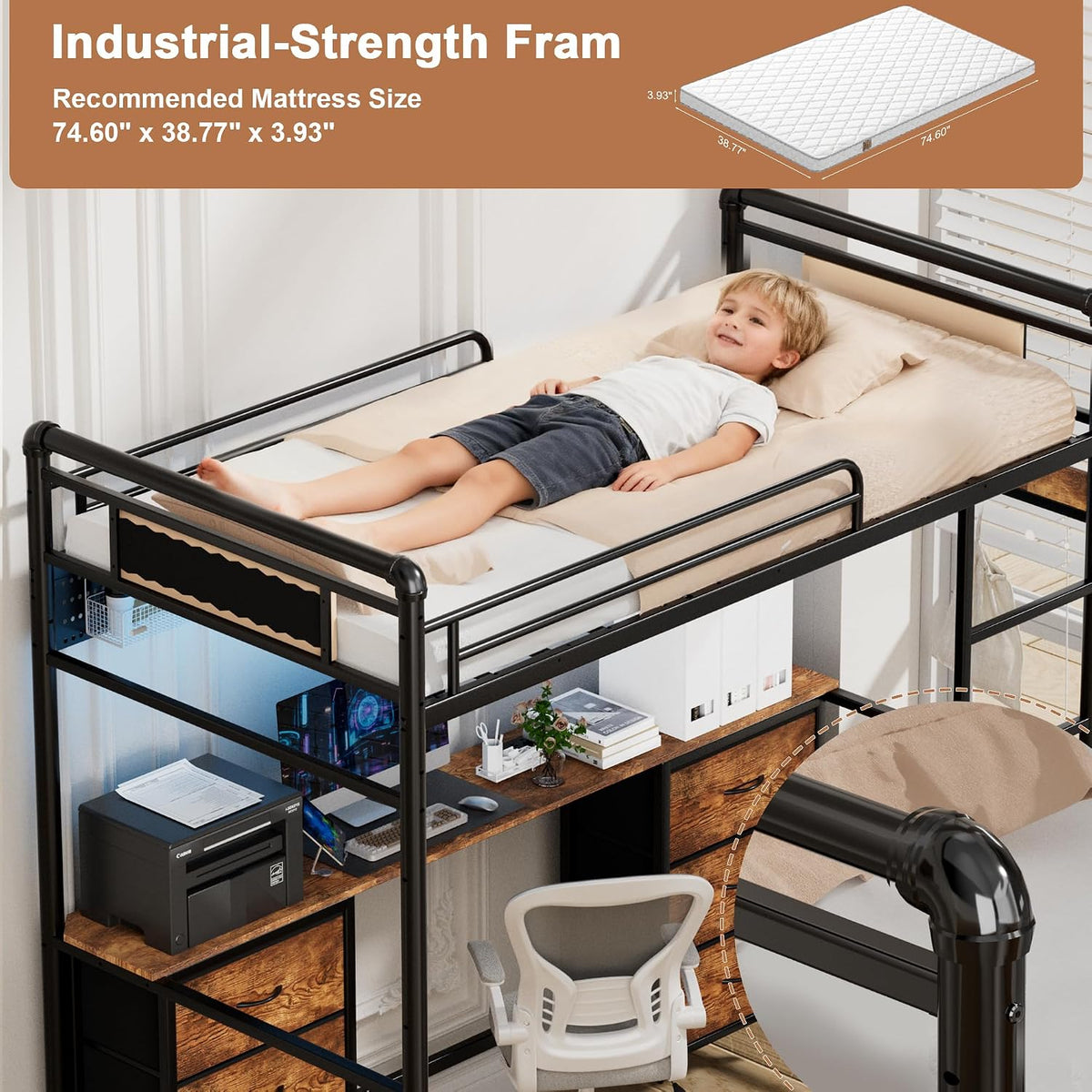 Loft Bed with Desk, Gaming Bunk Bed with Stairs, Twin Metal Loft Bed Heavy Duty Loft Beds for Adults, 6 Fabric Drawers, LED Lights & Charging Sation, No Noise & No Box Spring Needed, Brown