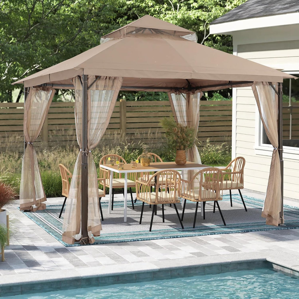 MASTERCANOPY Outdoor Patio Gazebo with Double Roofs, Stable Steel Frame and Mosquito Netting (11x11,Khaki)