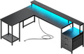PRAISUN 66' L Shaped Gaming Desk with LED Lights & Power Outlets, Computer Desk with Fabric Drawers and Print Stand, Corner Office Desk, Monitor Stand, Mesh CPU Stand, Carbon Fiber Black