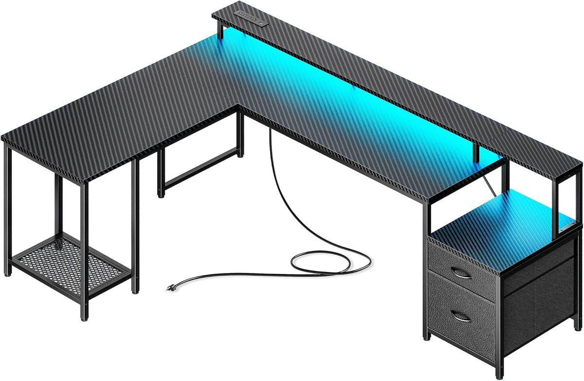 PRAISUN 66' L Shaped Gaming Desk with LED Lights & Power Outlets, Computer Desk with Fabric Drawers and Print Stand, Corner Office Desk, Monitor Stand, Mesh CPU Stand, Carbon Fiber Black