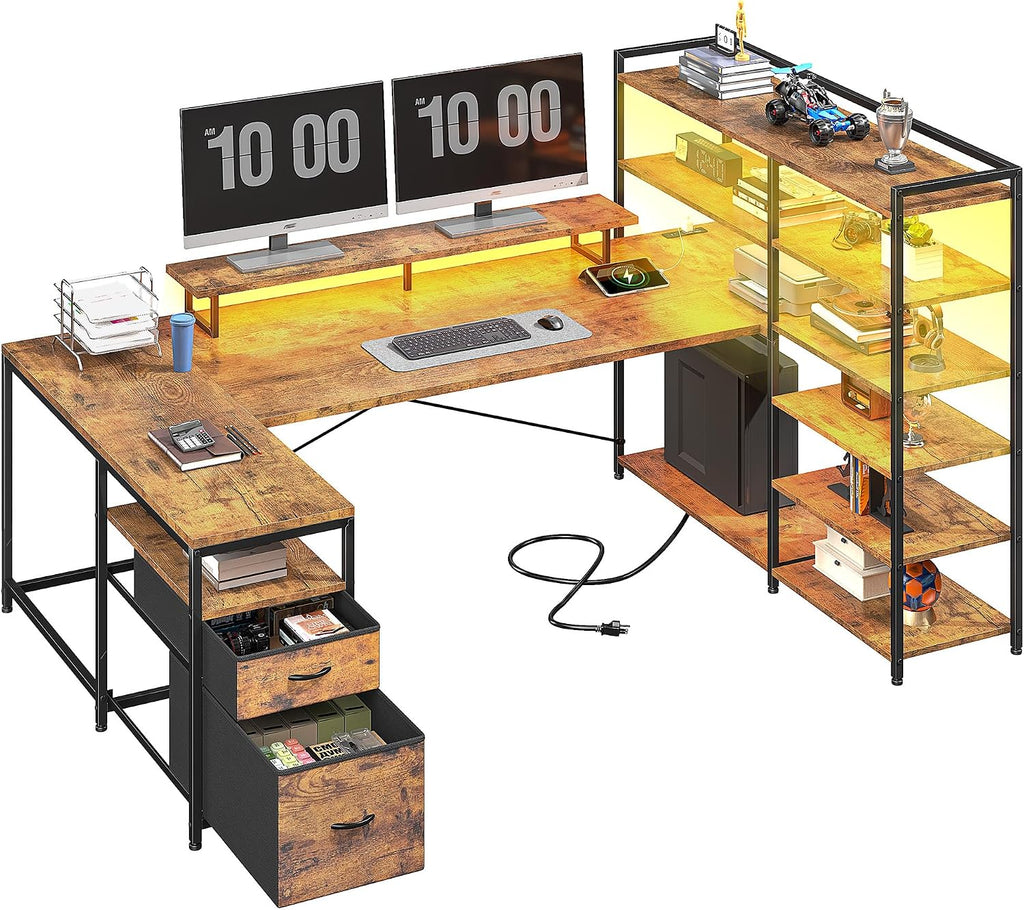 DurayLoly L Shaped Desk with Monitor Stand, 63'' Reversible U Shaped Office Desk with 6 Tire Storage Shelves & 2 Fabric Drawers, Gaming Desk with Power Outlet & LED Strip, Rustic Brown