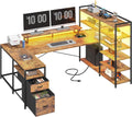 DurayLoly L Shaped Desk with Monitor Stand, 63'' Reversible U Shaped Office Desk with 6 Tire Storage Shelves & 2 Fabric Drawers, Gaming Desk with Power Outlet & LED Strip, Rustic Brown