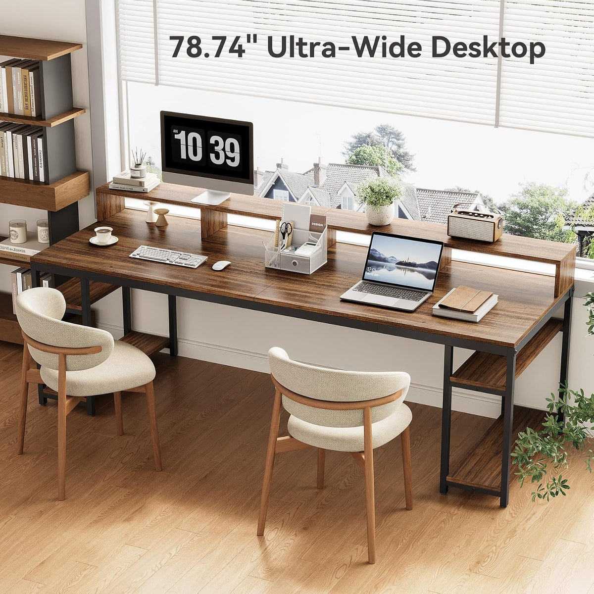 LITTLE TREE 78-Inch Double Desk with Storage Shelves, 2-Person Gaming Desk for Home Office, Long Desk with Monitor Stand (Rustic Brown)