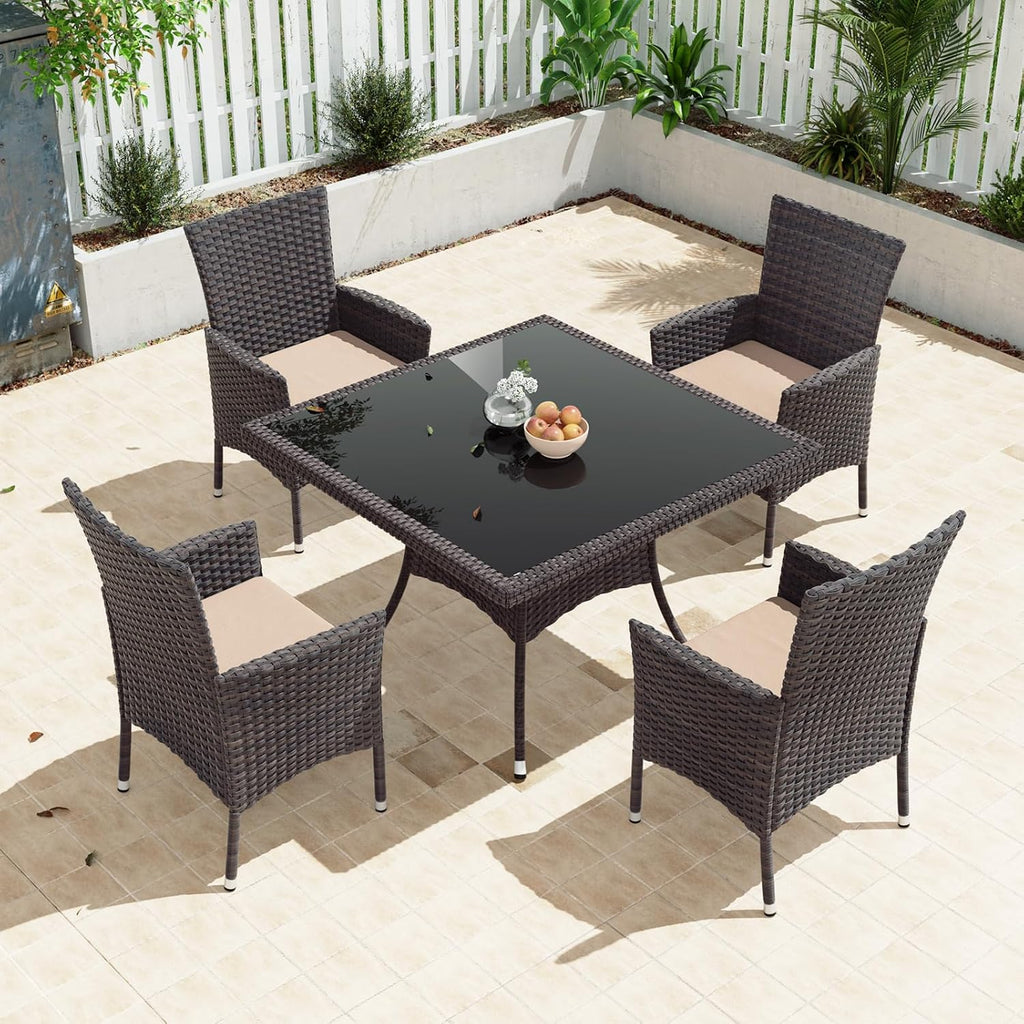 Gotland 5 Piece Outdoor Dining Set, All-Weather Rattan Patio Furniture Set with Umbrella Hole Tempered Glass Square Table, Outdoor Table and Chairs with Removable Cushions for Backyard, Deck, Sand