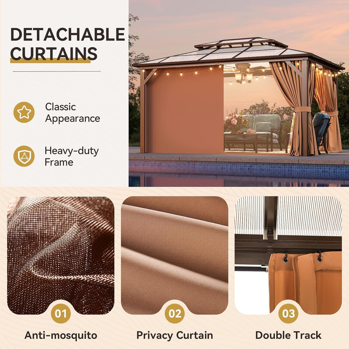 Aoxun 10'x14' Hardtop Gazebo, Outdoor Metal Gazebo with Double Polycarbonate Roof Canopy, Permanent Pavilion with Netting and Curtains for Lawn, Garden, Patio (Khaki)