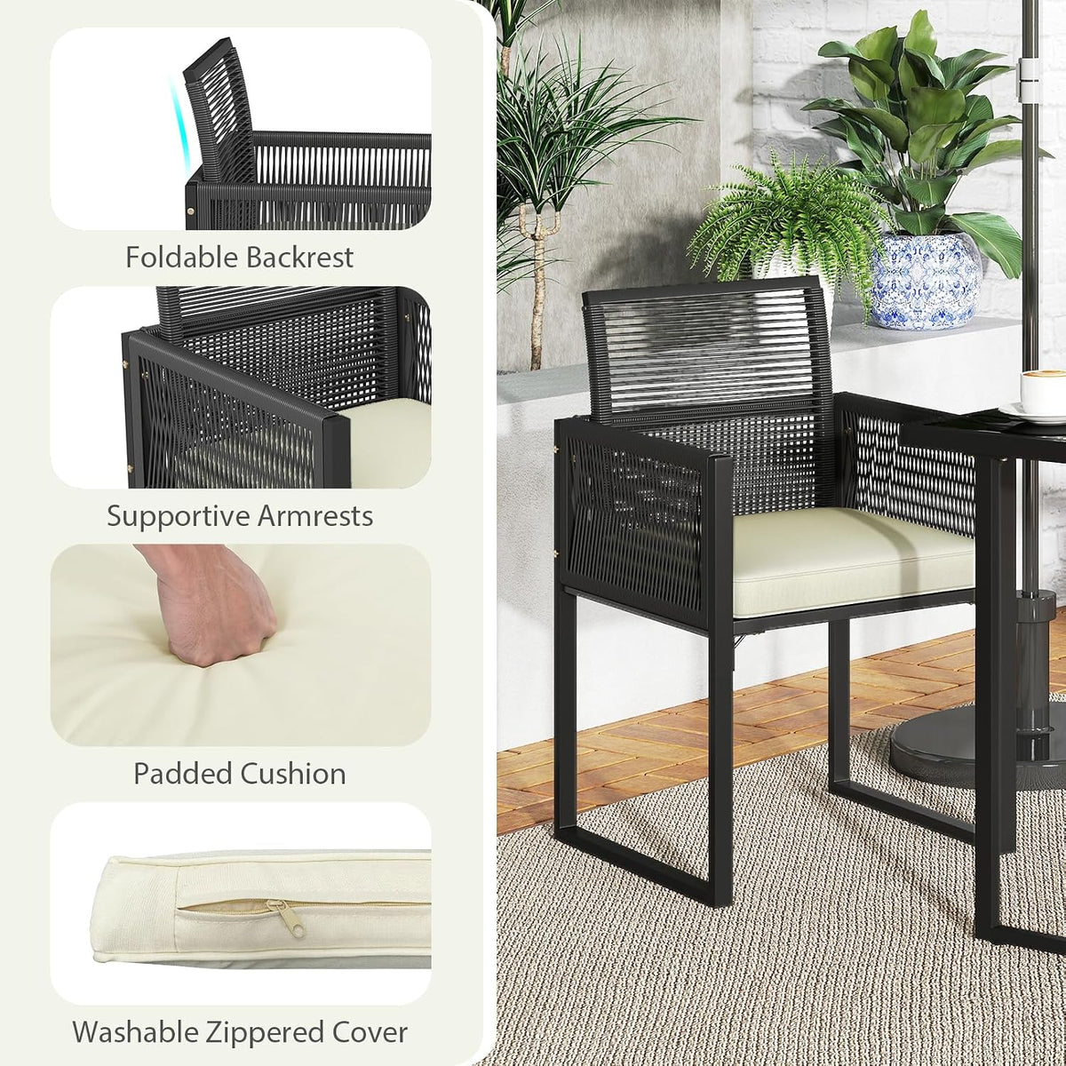 DORTALA Wicker Outdoor Bistro Set 3 Piece, Small Patio Furniture Dining Set with with Cushions, Tempered Glass Tabletop, All- Weather Table and Chairs for Backyard, Balcony, Poolside, Black+White