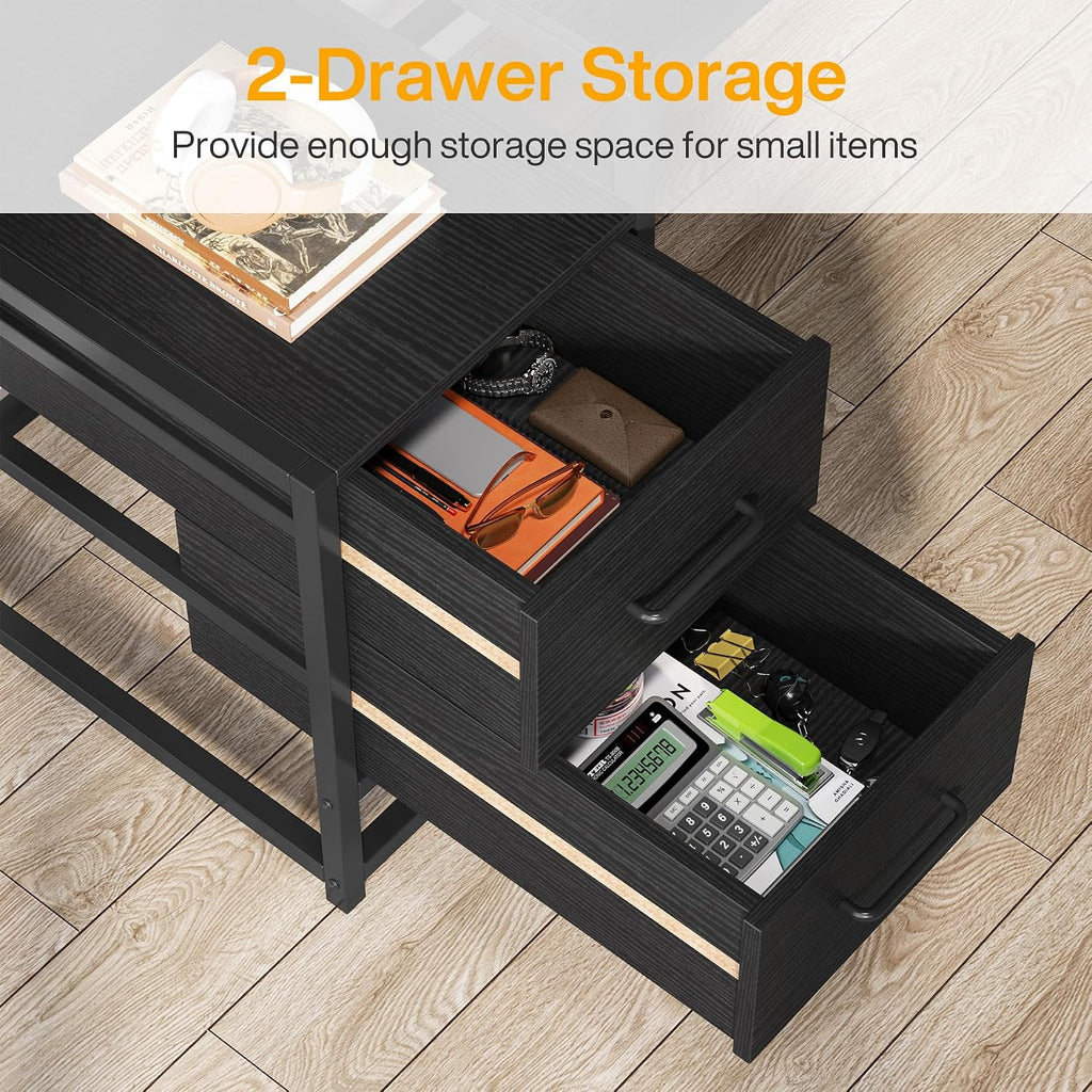 Tribesigns 55 Inch Computer Desk with 2 Drawers and Storage Shelves, Rustic Office Desk with Hutch, Study Writing Gaming Table Laptop Workstation for Home Office (Black)