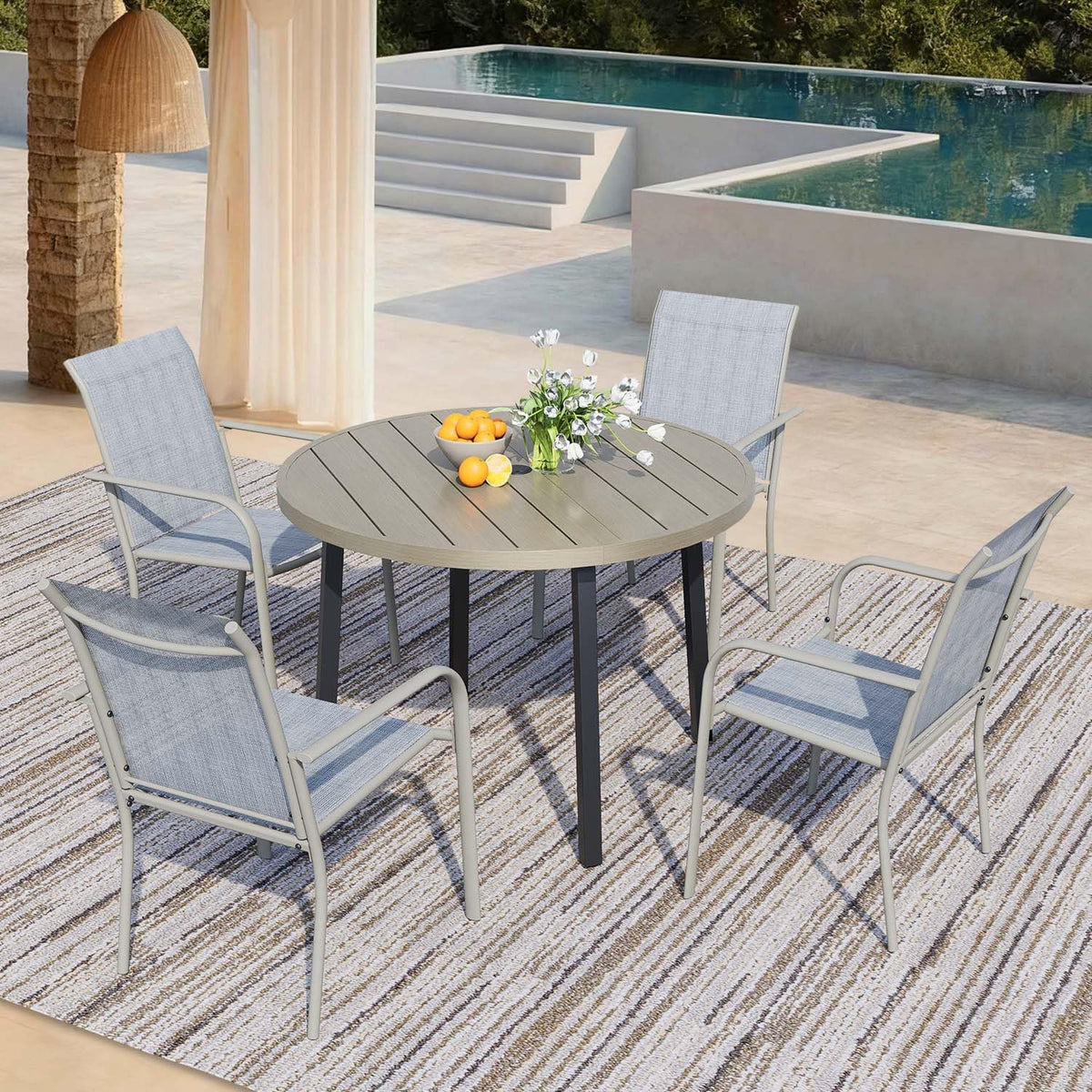 5 Pieces Patio Dining Set for 4, Beige Blue Patio Stackable Chairs and Honey Oak Round Table Set of 4, Outdoor Furniture Set with Sling Support for Outside, Garden