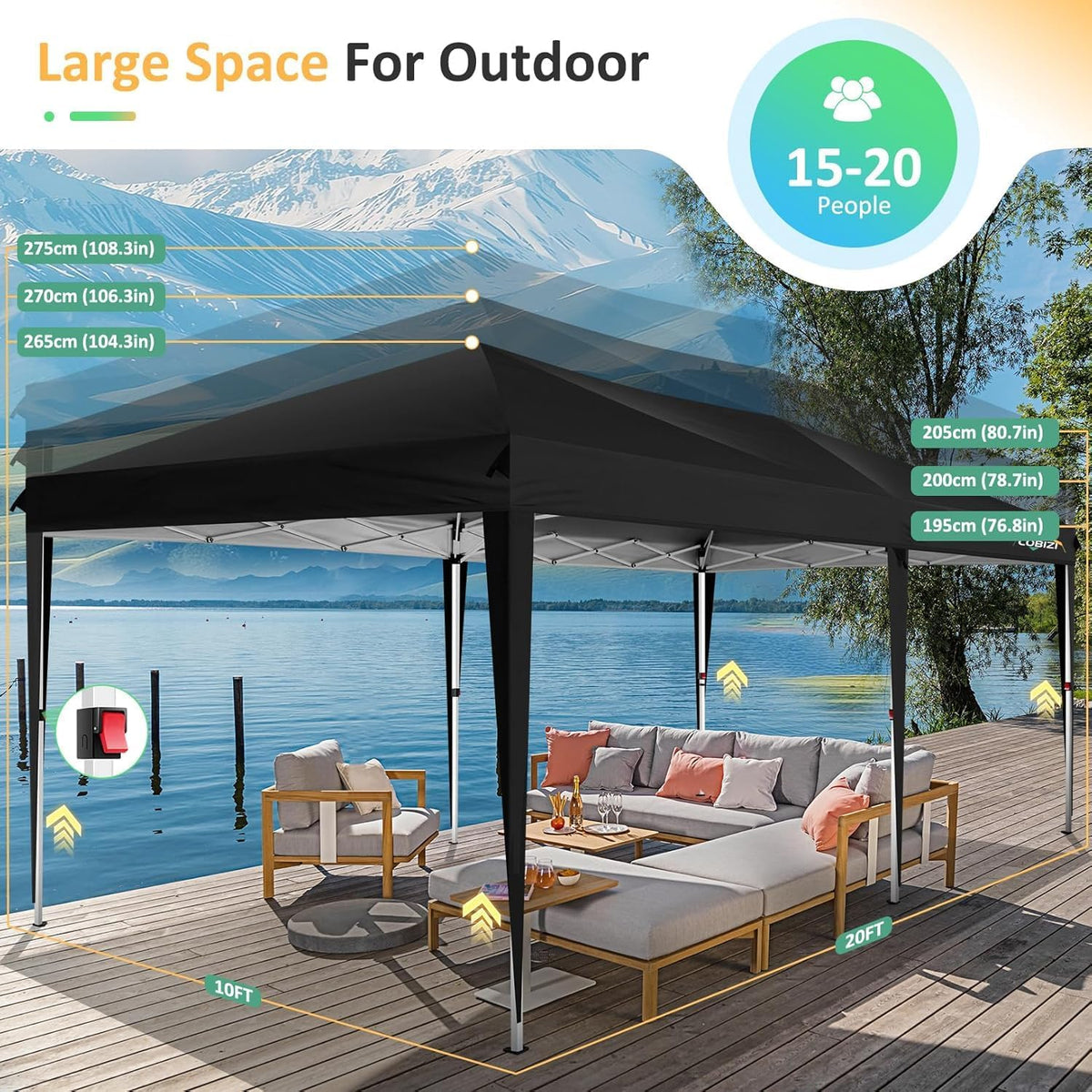 COBIZI 10x20 Pop up Canopy Tent Without Sidewall, Waterproof Portable Outdoor Canopy 10x20 Instant Shelter Tent for Parties, Wedding, Backyard, Carport with Carry Bag & 4 Sandbags(Black)