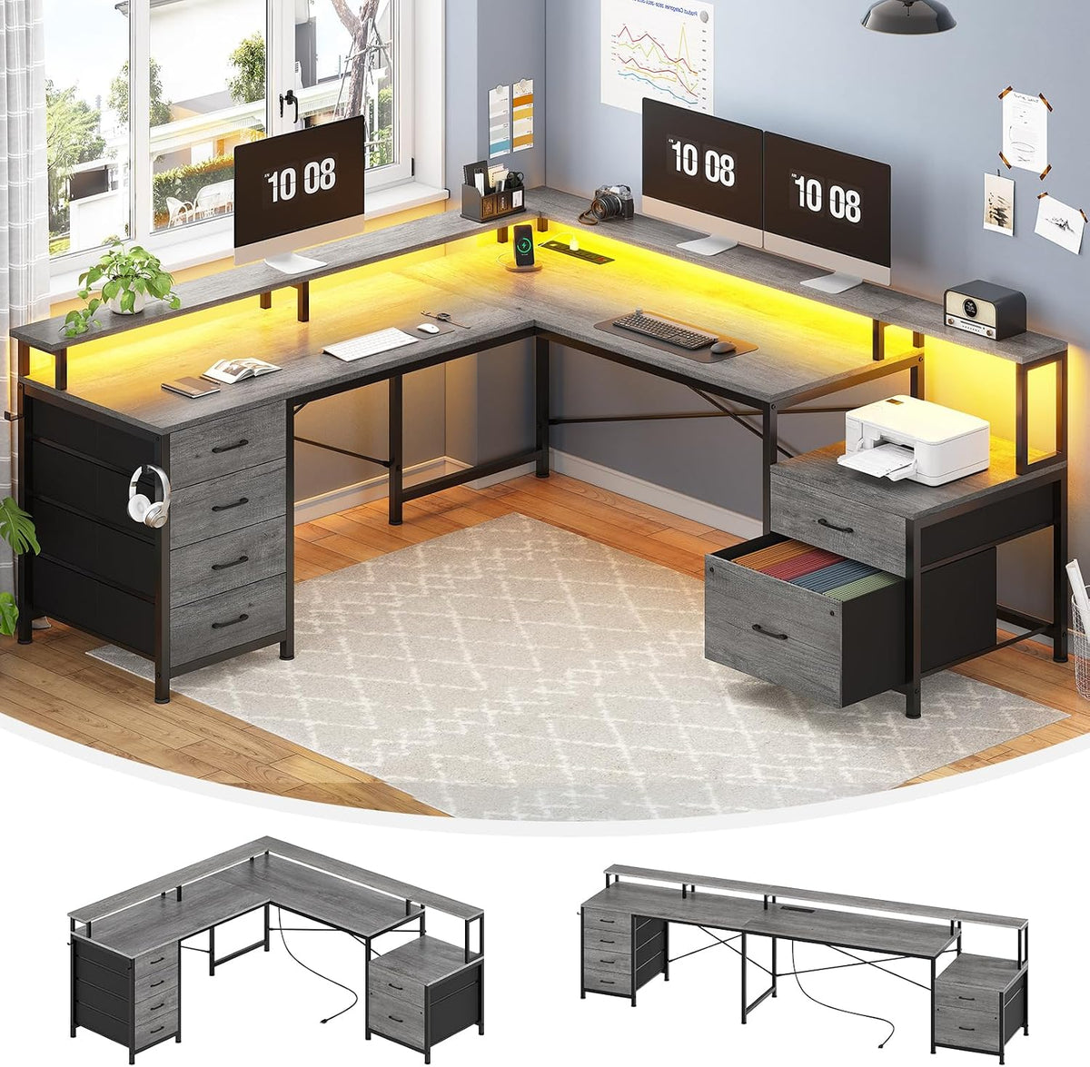 SEDETA L Shaped Desk with 6 Drawer, 108' Home Office Desk with File Drawer & Power Outlet, Corner Computer Desk with Monitor Shelf, Two Person Desk, Gaming Desk with Led Lights, Grey
