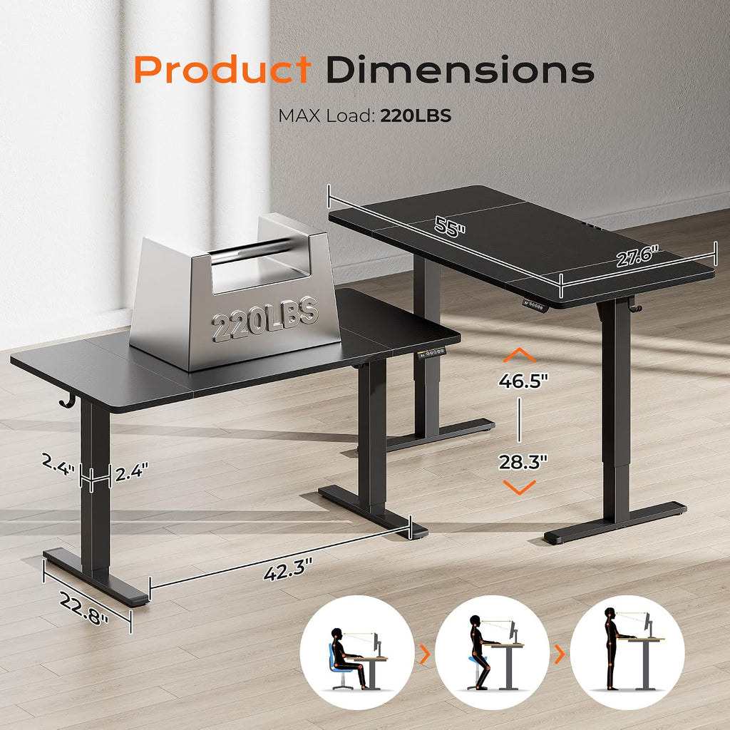 Huuger 55 x 28 Large Electric Standing Desk, Height Adjustable Computer Desk, 27.6' Deep Desktop, Stand up Gaming Office Table with 2 Hooks, 3 Preset Heights, for Home Office, Black