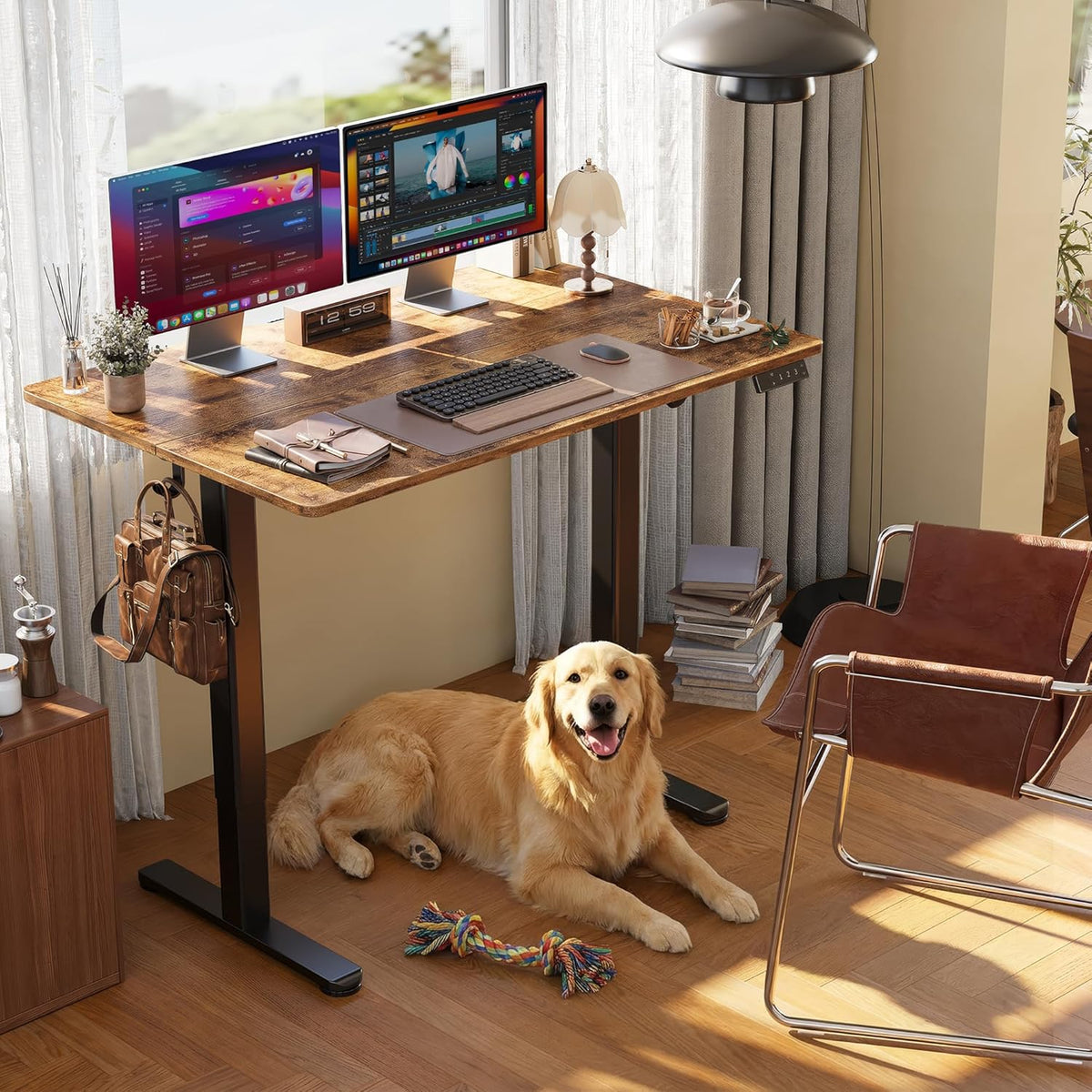 Claiks Electric Standing Desk, Adjustable Height Stand up Desk, 24x48 Inches Sit Stand Home Office Desk with Splice Board, Black Frame/Rustic Brown Top