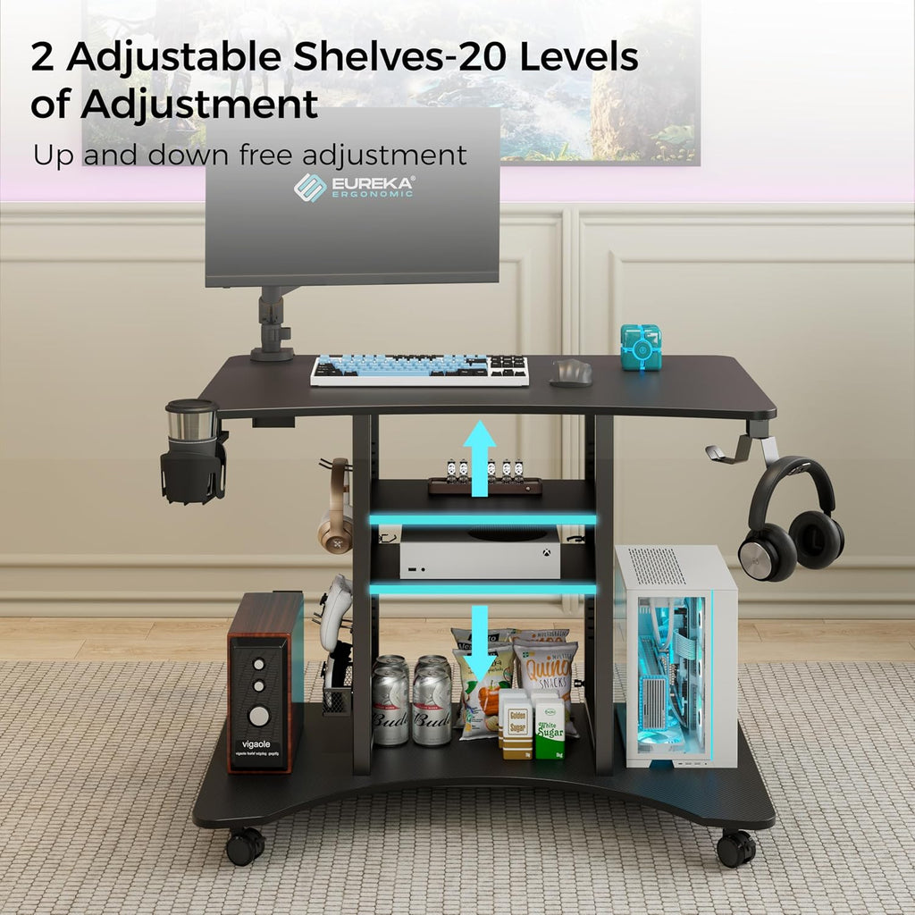 EUREKA ERGONOMIC Gaming Desk Computer, 37' Rolling Desk on Wheels for Small Space, Mobile Computer Cart with Pegboards Adjustable Shelves for Gaming PS Switch Home Office - Black