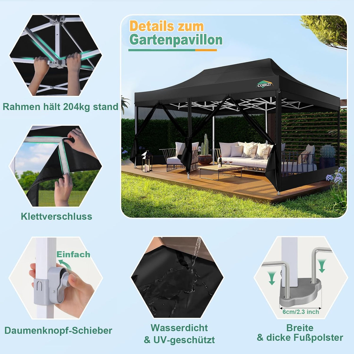 COBIZI 10x20 Canopy Tent, Heavy Duty Pop up Canopy with Sidewalls, Waterproof Easy Setup Canopy with Mosquito Netting, Outdoor Instant Screen Tents for Parties, Wedding with Roller Bag, Black