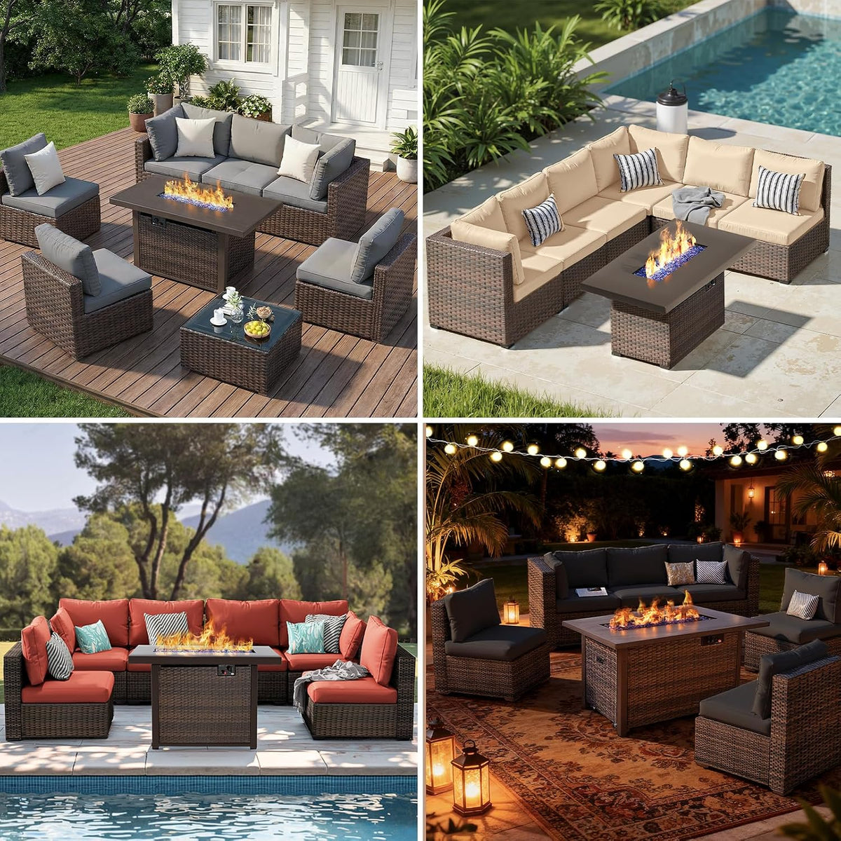 7-Pieces Patio Furniture Sets Outdoor Sectional Sofa with 44'' Propane Rattan Wicker Firepit Table, Patio Sectional Conversation Set with Cushions for Backyard, Poolside, Garden Grey