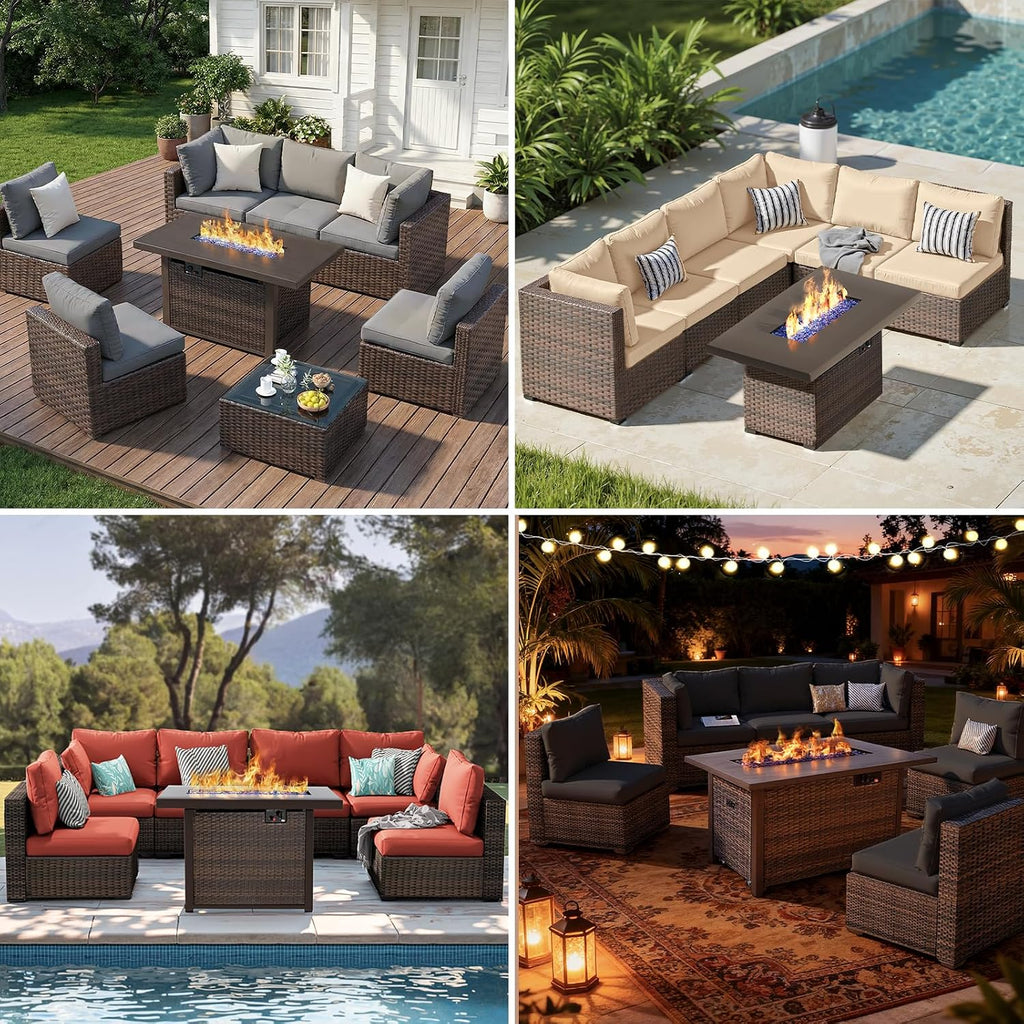 8 Pieces Patio Furniture Sets Outdoor Sectional Sofa with 44'' Propane Rattan Wicker Firepit Table, Patio Sectional Conversation Set with Cushions for Backyard, Poolside, Garden Grey