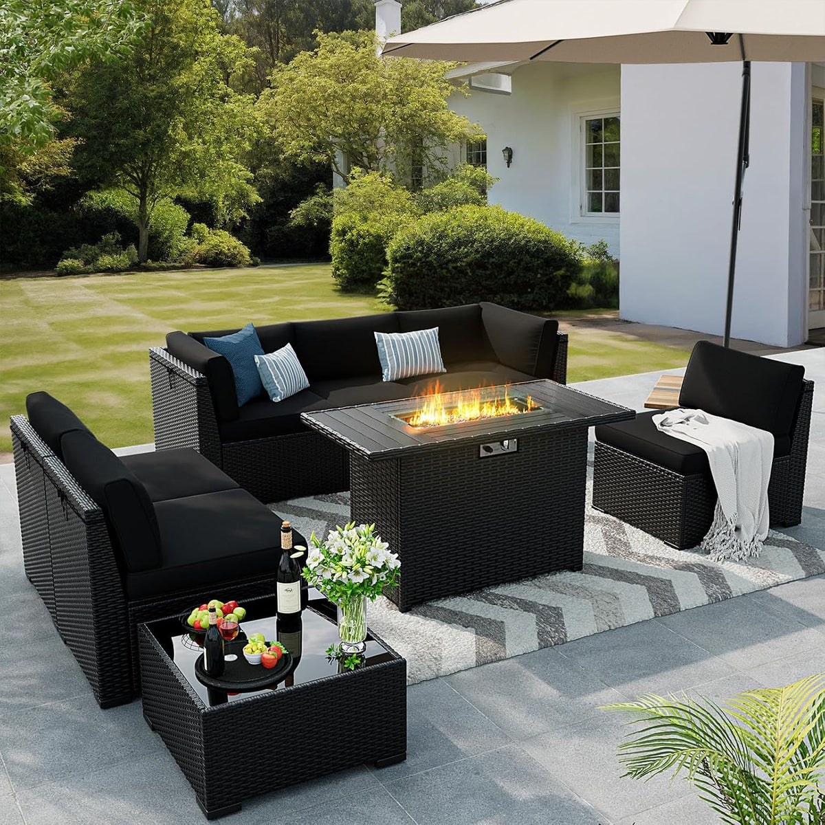 8 Pieces Outdoor Patio Furniture Set with 44' Fire Pit Table Black Rattan Sectional Conversation Sets w/Gas Fire Pit, Coffee Table, 1 Waterproof Covers, Black