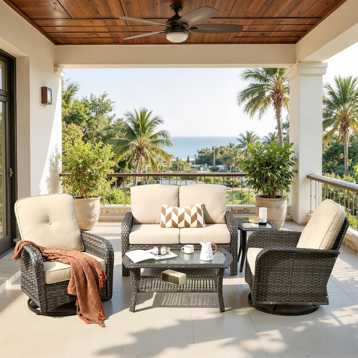 CAODOC 5 Pieces Patio Furniture Set,Outdoor Furniture with Rockers, Rattan Conversation Sets w/Coffee Table, Grey Wicker Light Beige Cushion