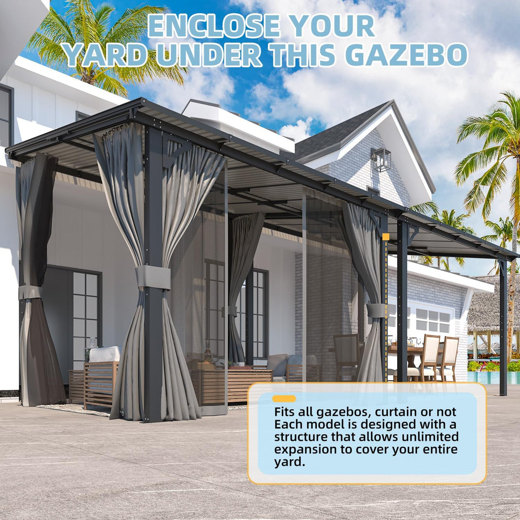AECOJOY 10' X 8' Gazebo for Patio, Small Wall-Mounted Lean to Gazebo Pergola with Curtains and Netting, 8x10 Hard Top Pergolas and Gazebos on Clearance for Lawn Backyard Garden Deck