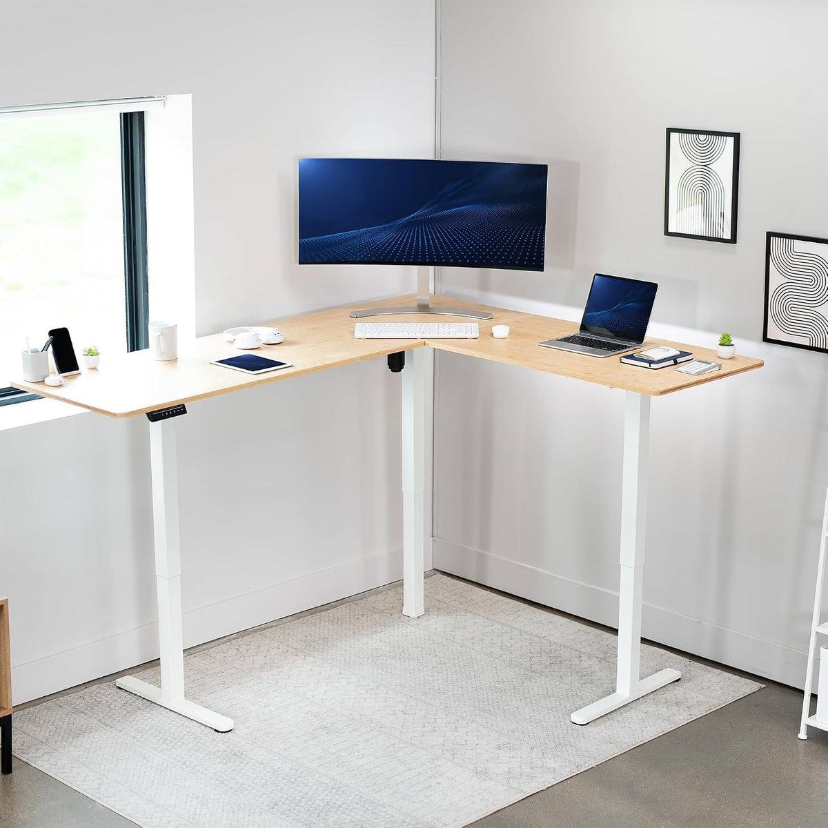 VIVO Corner Standing Desk, 75 x 63 inch Reversible L-Shaped Workstation, Electric Height Adjustment, Home, Office, and Reception Rooms, Real Bamboo Table Top White Frame, DESK-E3CTWO-75