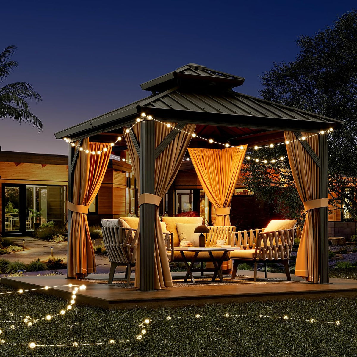 GAOMON Hardtop 10x12ft Gazebo, Double Roof Canopy with Netting and Curtains, Wood Grain Outdoor Gazebo Galvanized Iron Aluminum Frame Garden Tent for Patio, Backyard, Deck, Lawns