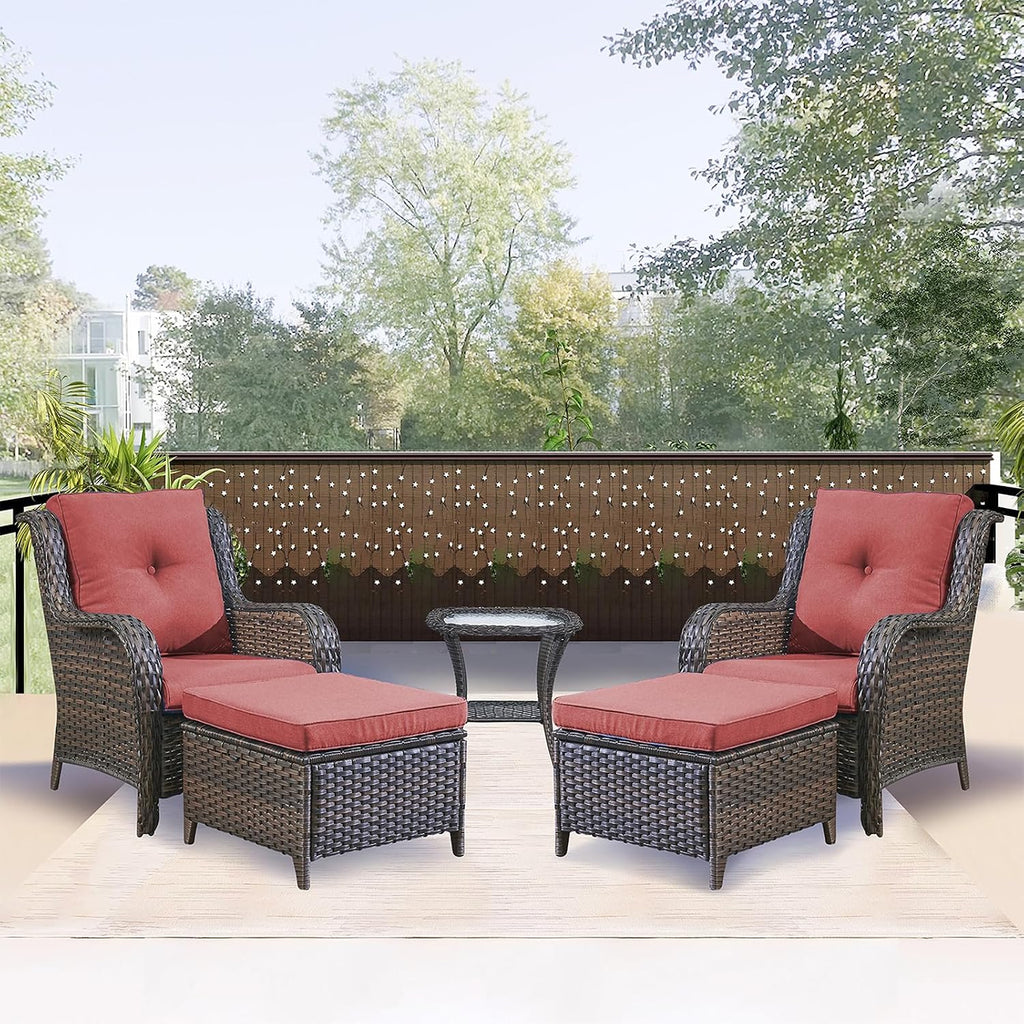 Outdoor Patio Furniture Chairs Set - 5 Piece Wicker Rattan Patio Sectional Conversation Sets with 2 Armrest Chairs,2 Ottomans and 1 Side Table for Porch Deck Balcony Backyard Garden(Brown/Red)