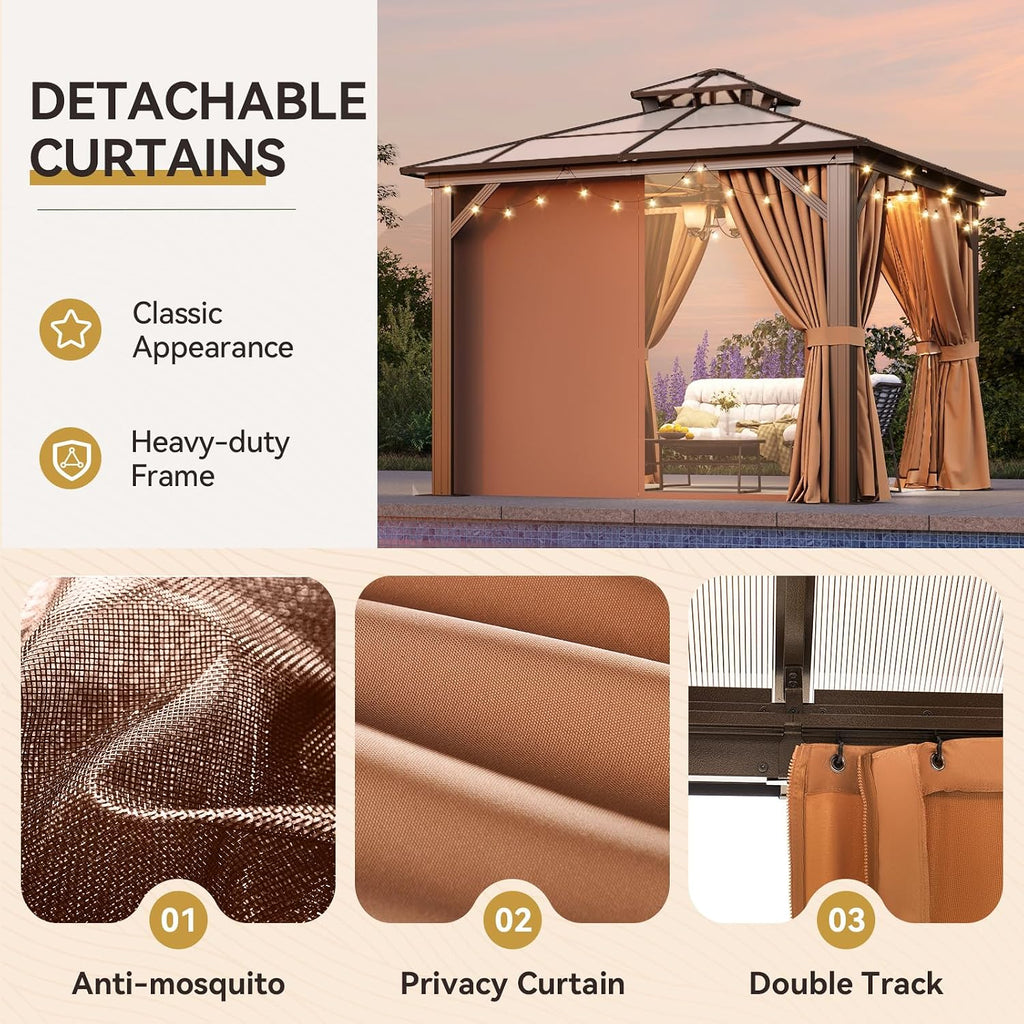 Aoxun 10'x10' Hardtop Gazebo, Outdoor Metal Gazebo with Double Polycarbonate Roof Canopy, Permanent Pavilion with Netting and Curtains for Lawn, Garden, Patio (Khaki)