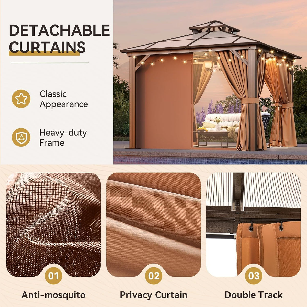 Aoxun 10'x10' Hardtop Gazebo, Outdoor Metal Gazebo with Double Polycarbonate Roof Canopy, Permanent Pavilion with Netting and Curtains for Lawn, Garden, Patio (Khaki)