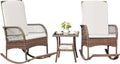 Greesum 3 Piece Outdoor Wicker Rocking Chairs Patio Furniture Set with Glass Coffee Table for Garden Backyard Porch Poolside, Beige