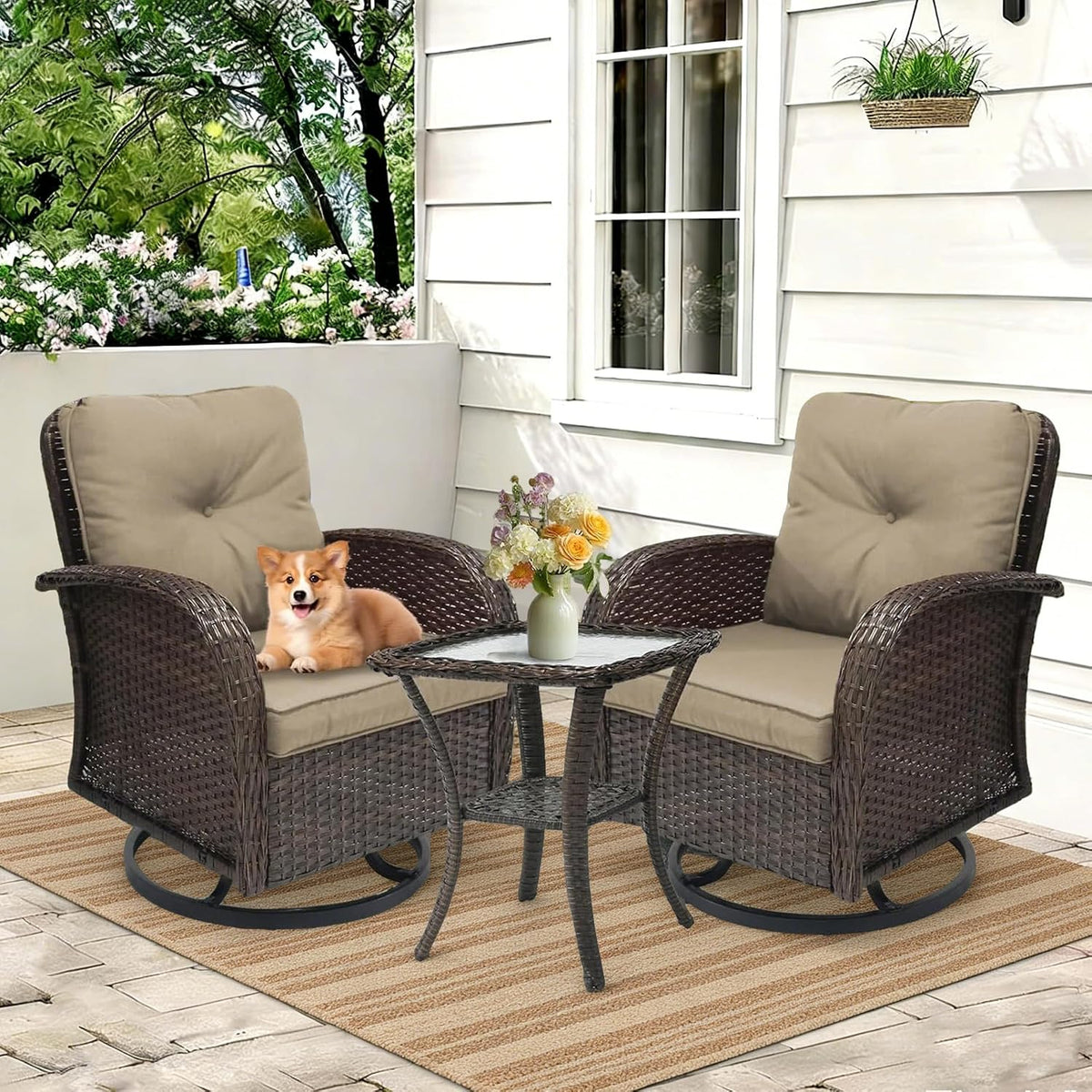 Outdoor Swivel Rocker Patio Chairs 3 Pieces，Swivel Patio Chairs with Cushions，Outdoor Swivel Rocking Chairs Set of 2 with Rattan Side Table，Patio Furniture Set for Outside Porch Deck