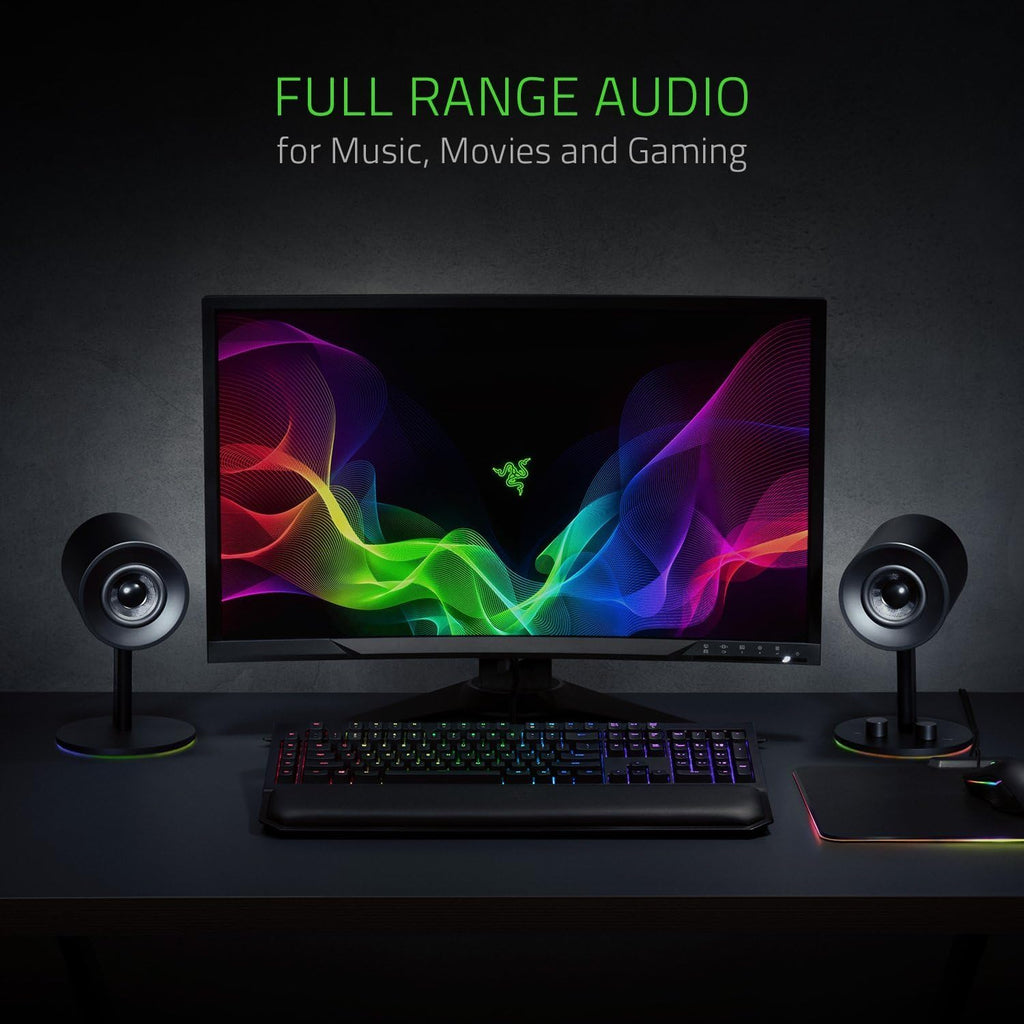 Razer Nommo Chroma: Custom Woven 3' Glass Fiber Drivers - Rear-Facing Bass Ports - Bass Knob w/Automatic Gain Control Chroma Enabled - Full Range 2.0 PC Gaming Speakers, Black