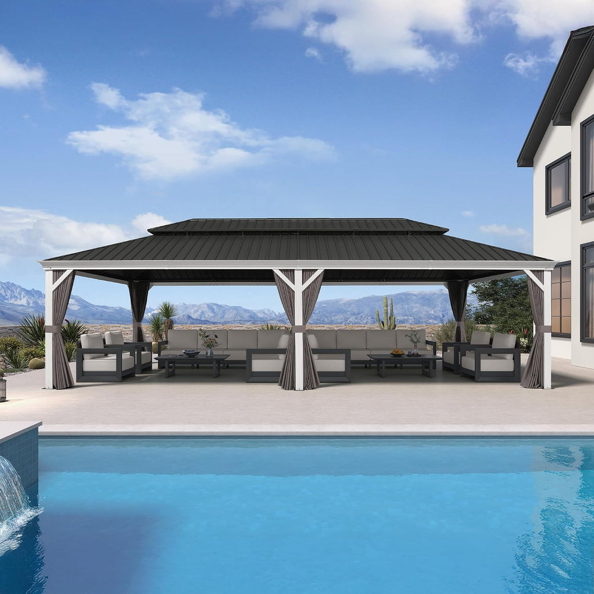 PURPLE LEAF 14' X 28' Hardtop Gazebo with Double Galvanized Steel Roof Awning and Upgrade Curtain for Patio Lawn and Garden, Grey