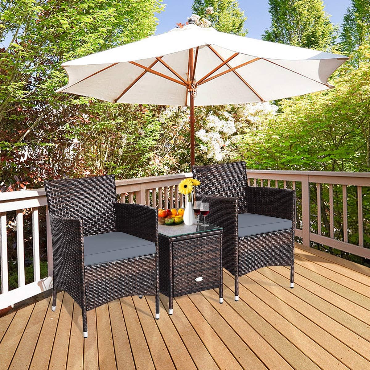HAPPYGRILL 3-Pieces Patio Furniture Set Outdoor Wicker Rattan Conversation Set with Coffee Table Chairs & Thick Cushions Bistro Sets for Patio Garden Lawn Backyard Pool