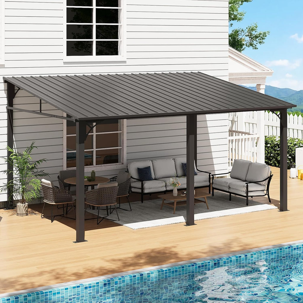 Aoxun 10' x 14' Lean to Gazebo, Upgraded Hardtop Outdoor Pergola with Sloping Galvanized Steel Roof, Large Wall-Mounted Heavy Duty Awnings for Patio, Backyard, Deck, Porch (Black)