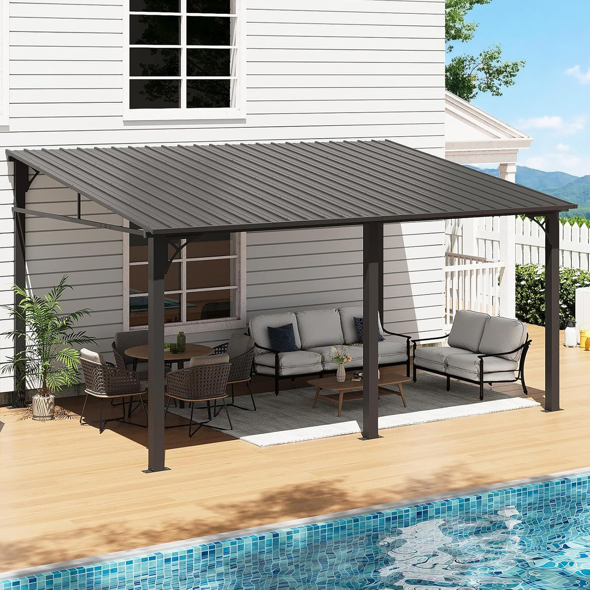 Aoxun 10' x 14' Lean to Gazebo, Upgraded Hardtop Outdoor Pergola with Sloping Galvanized Steel Roof, Large Wall-Mounted Heavy Duty Awnings for Patio, Backyard, Deck, Porch (Black)