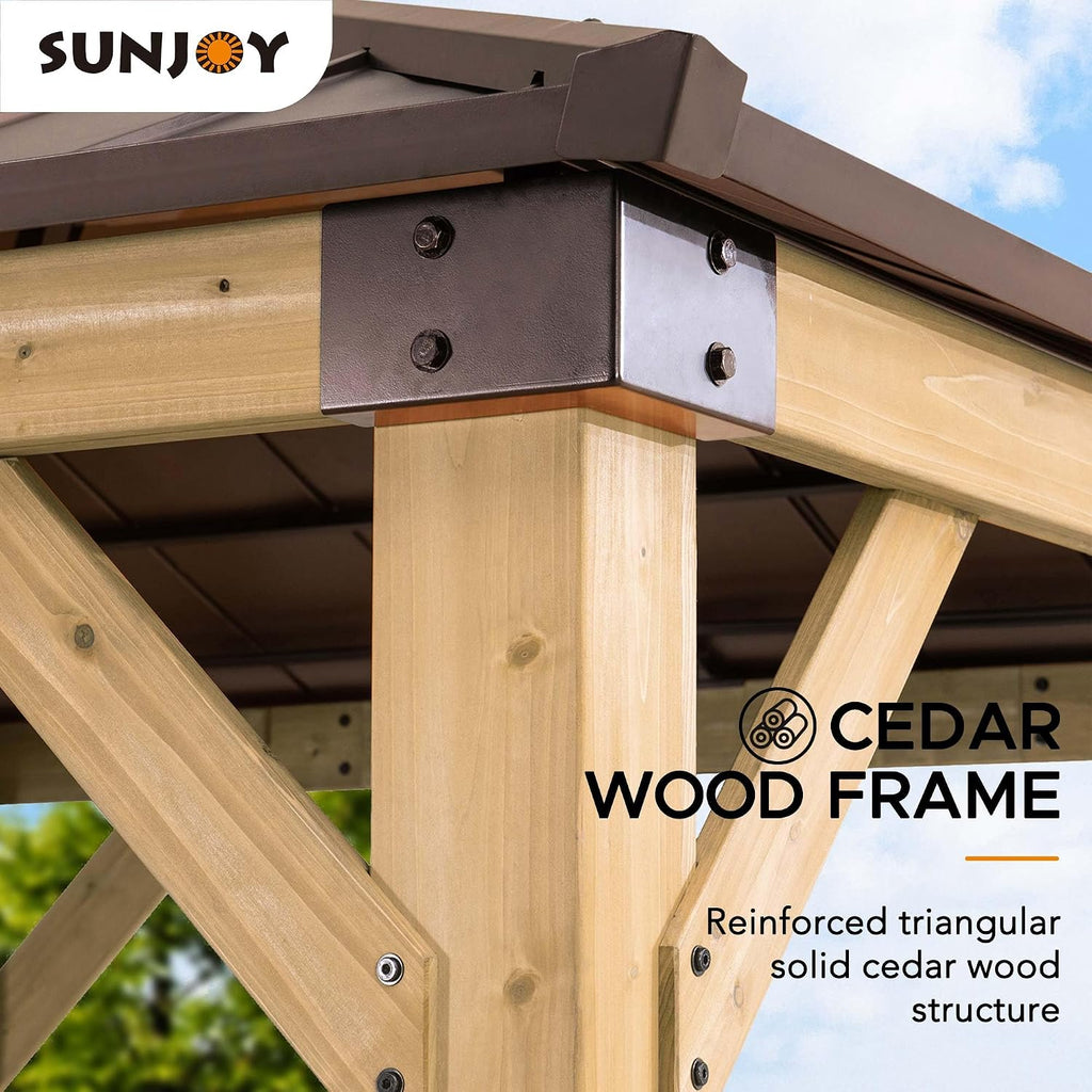 Sunjoy Hardtop Gazebo 9 x 9 ft. Upgrade Cedar Framed Wood Gazebo with Brown Steel & Polycarbonate Hip Roof Hardtop for Garden, Backyard Shade, Brown Roof + Natural Wood Frame