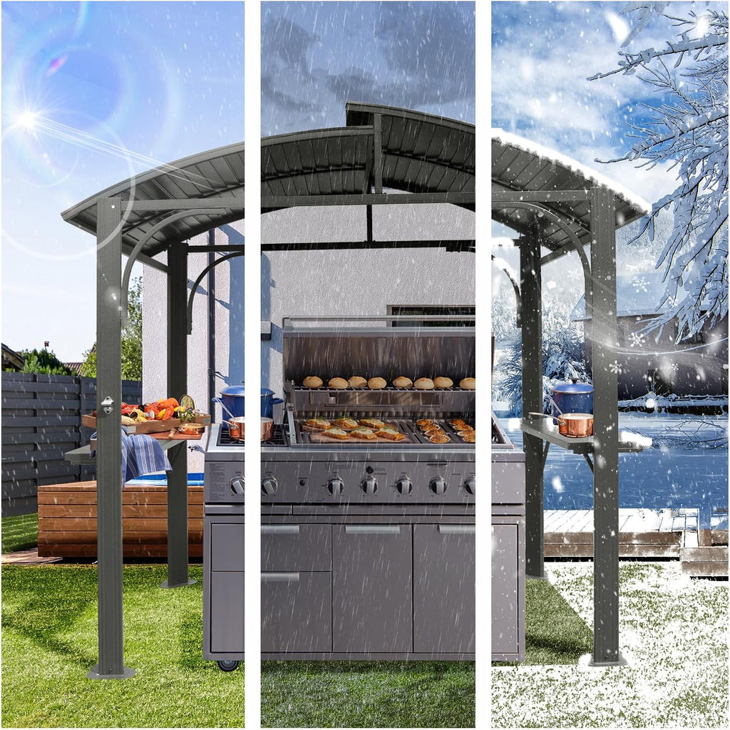 8x5FT Hardtop Grill Gazebo, All-Weather Outdoor Gazebo with 2 Side Shelves and Bottle Opener, Galvanized Steel Double ARC Roof, Outdoor Metal Grill Canopy for Patio, Backyard, Lawn, Deck – Grey
