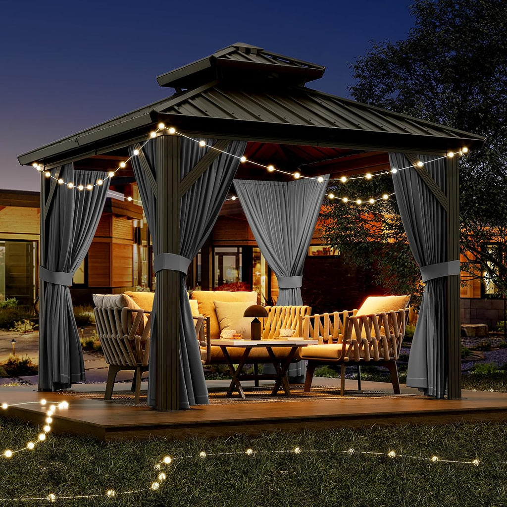 PeakPursuit 10'x10' Hardtop Gazebo, Heavy Duty Aluminum Permanent Hardtop Gazebo Outdoor Pavilion with Curtains and Netting for Garden