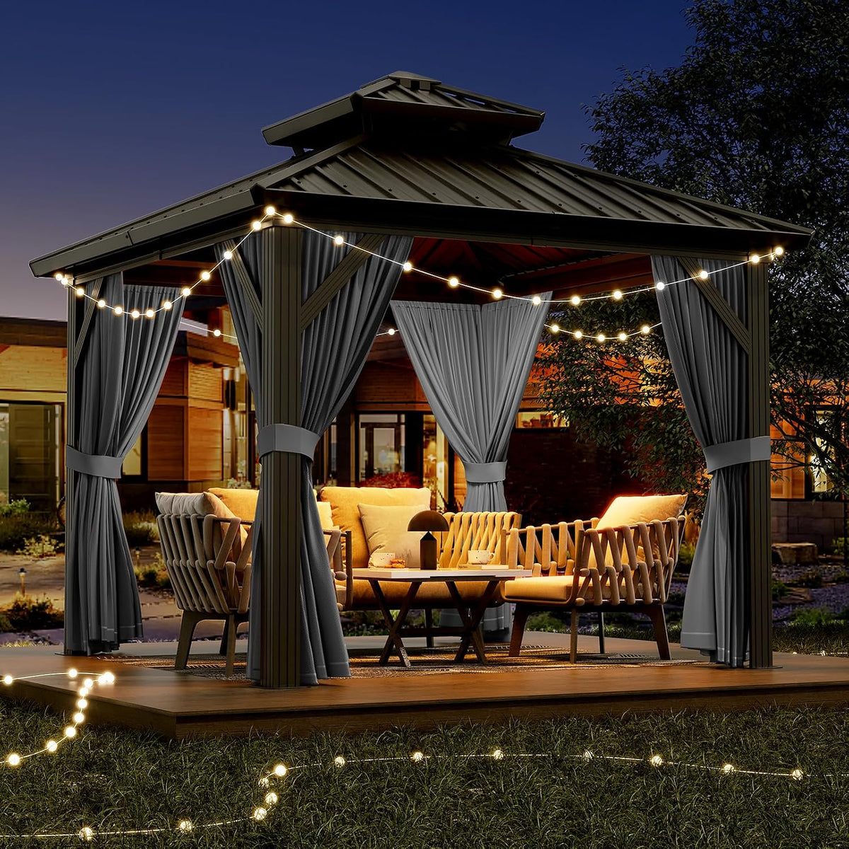 PeakPursuit 10'x10' Hardtop Gazebo, Heavy Duty Aluminum Permanent Hardtop Gazebo Outdoor Pavilion with Curtains and Netting for Garden