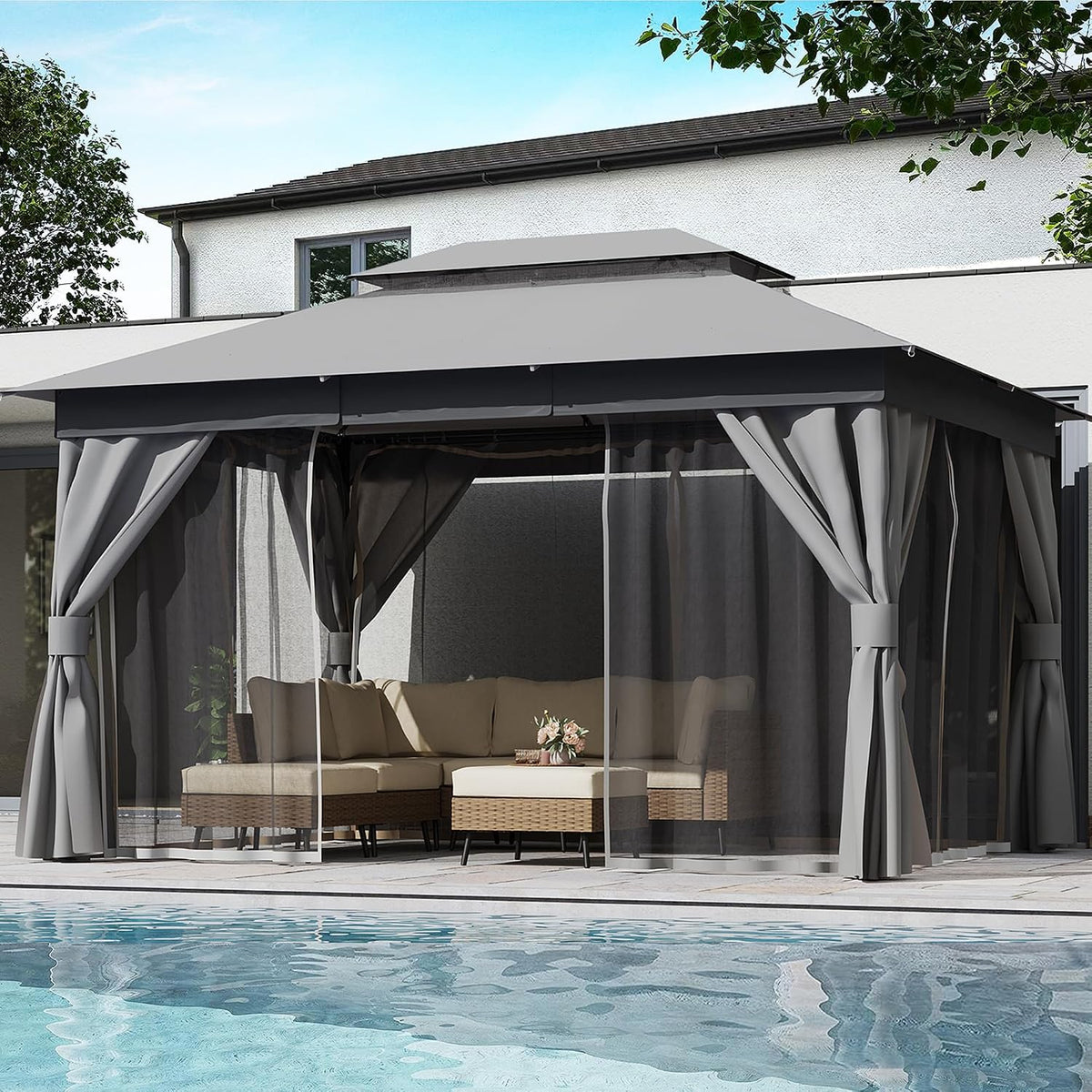 LAUSAINT HOME 10'x13' Outdoor Gazebo, Metal Frame Heavy Duty Patio Canopy Tent Shelter with Double Roofs, Mosquito Nettings and Privacy Screens for Backyard, Garden, Lawn, Gray