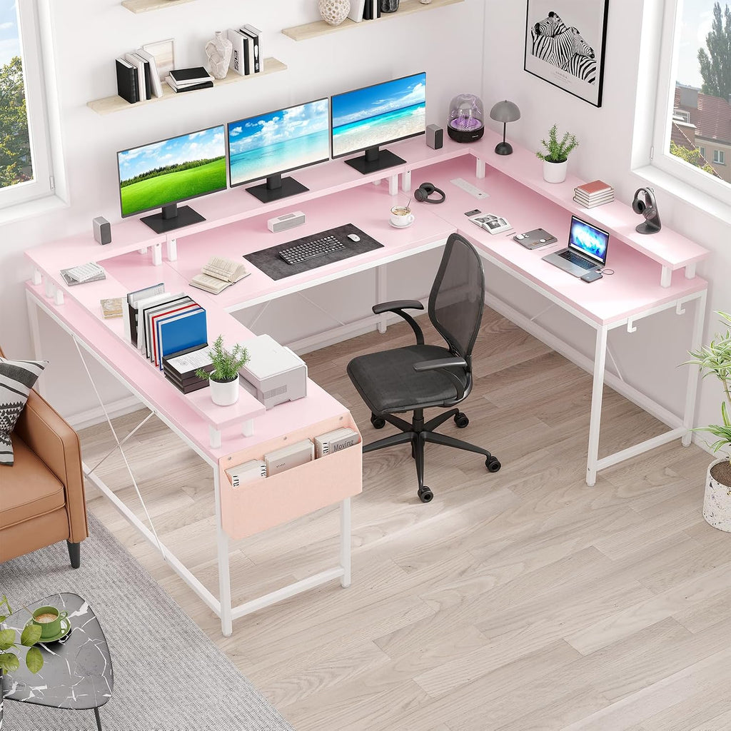 Jojoka U Shaped Computer Gaming Desk, Reversible L Shaped Desk with Power Outlets, LED Strip & Monitor Stand, Large Corner Desk with Storage Shelves for Home Office,Deep Pink