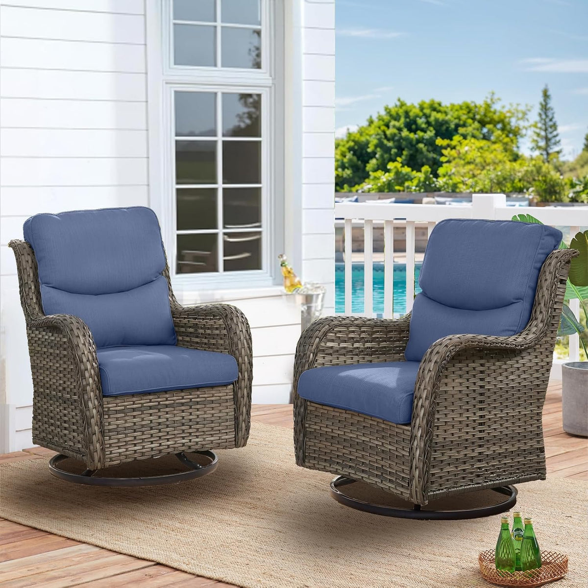 HUMMUH High Back Outdoor Swivel Rocker Patio Chairs Set of 2 with 5-Inch Thick Cushions, All-Weather Wicker Patio Furniture for Porch,Poolside, Deck, and Yard (with Cover)