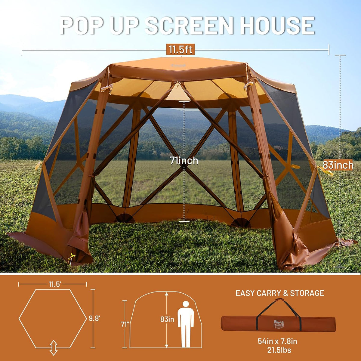 Timber Ridge Easy Pop Up Gazebo Canopy Tent for Camping, 11.5 X 9.8 Ft Portable Instant Screenhouse, Pop Up Screened in Canopy with Netting for Backyard, Patio, Outdoor, Tailgating, Picnics, Orange
