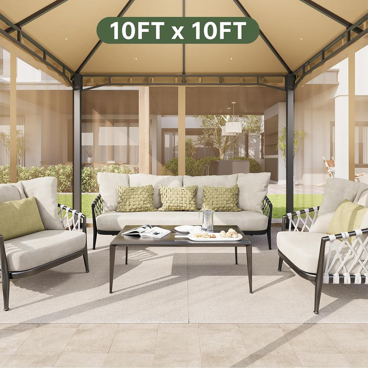 Aoxun 10x10 Gazebo with Double Roof & Mosquito Netting Outdoor Heavy-Duty Party Tent, Patio Tent with Zipper Screens - Backyard Garden Lawn Shelter Includes Wind Ropes Expansion Bolts, Beige